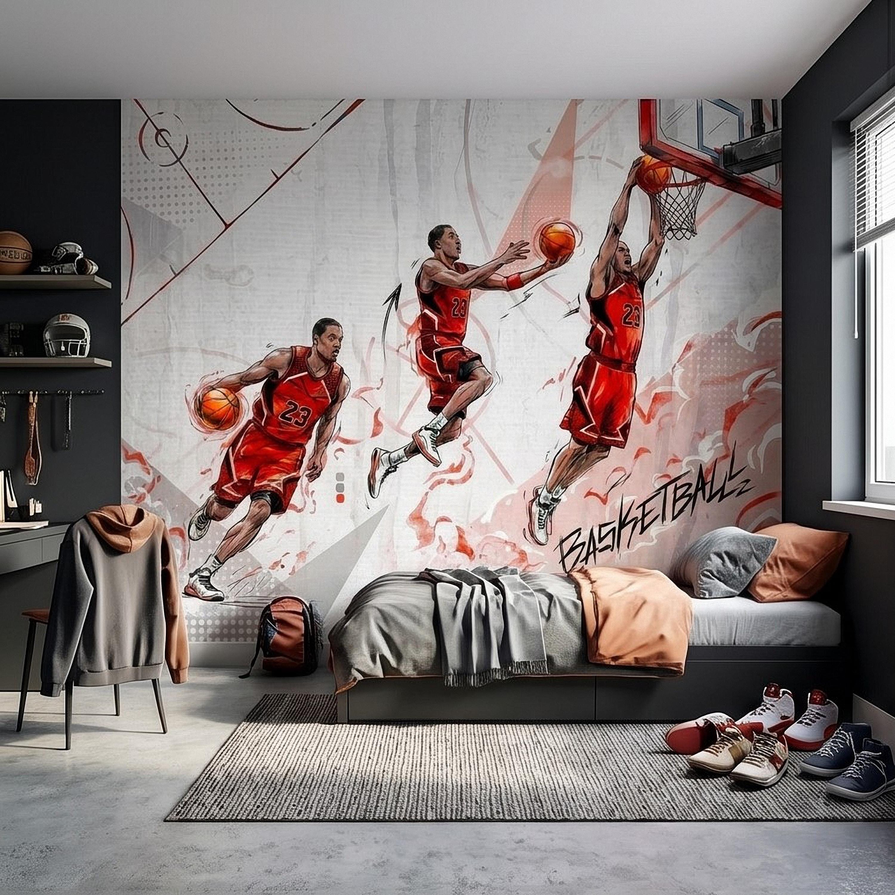 Basketball Slam Dunk Peel and Stick Wall Mural, Dynamic Court Action Player Illustration Dribble Drive and Hoop Shot Scene Sports Wallpaper