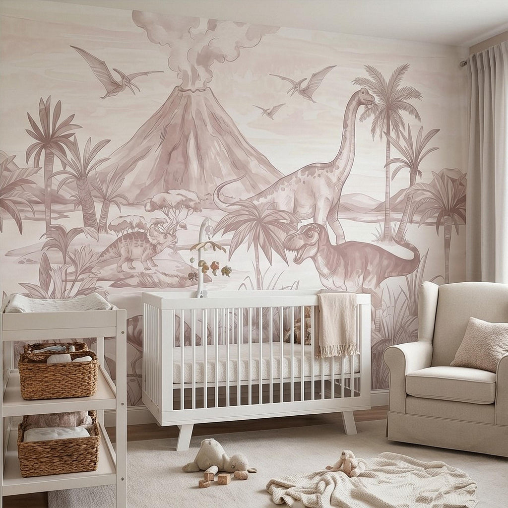 Dinosaur Jungle Peel and Stick Wall Mural, Prehistoric Volcano Landscape Scene T Rex and Brachiosaurus Adventure Kids Room Wallpaper