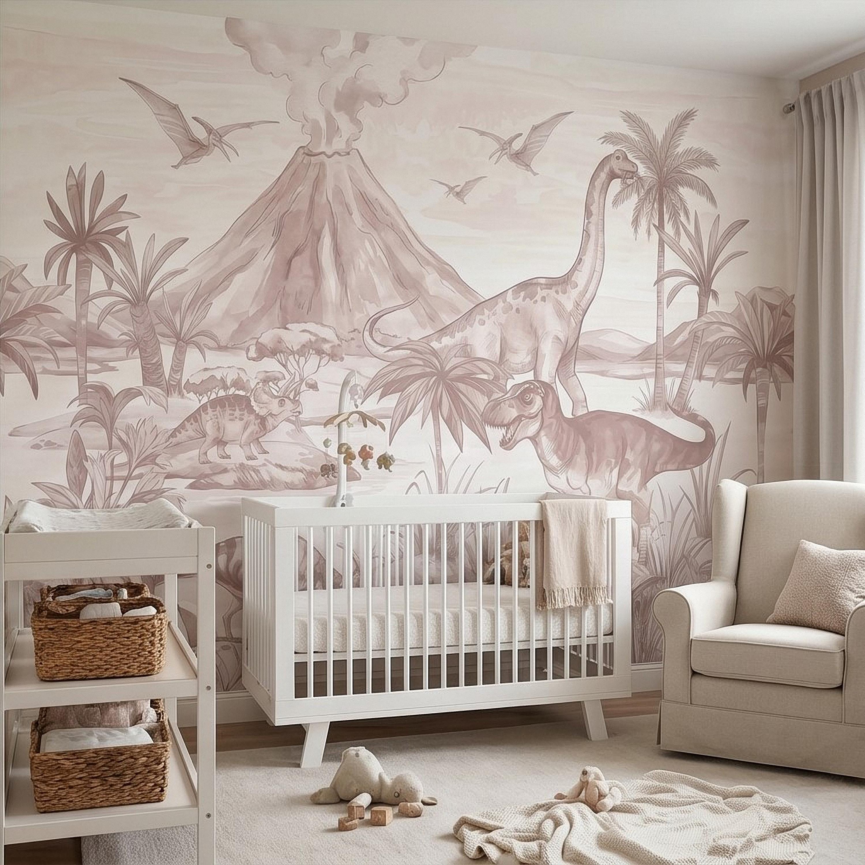 Dinosaur Jungle Peel and Stick Wall Mural, Prehistoric Volcano Landscape Scene T Rex and Brachiosaurus Adventure Kids Room Wallpaper