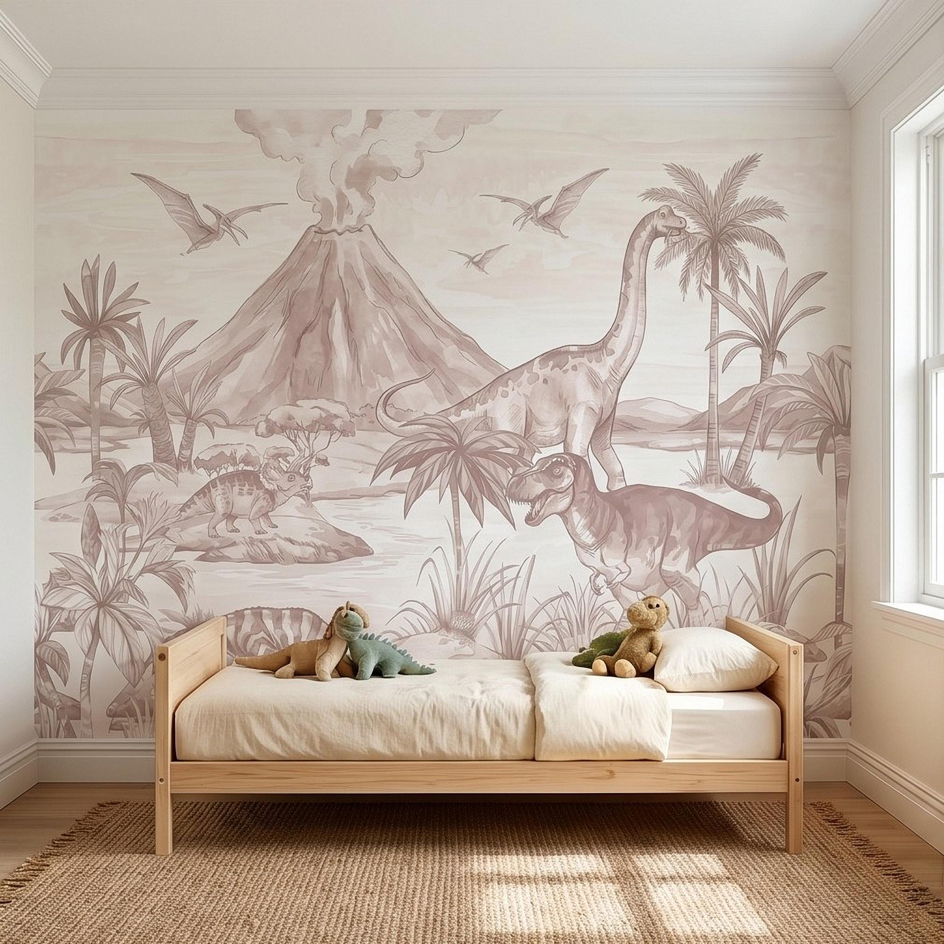 Dinosaur Jungle Peel and Stick Wall Mural, Prehistoric Volcano Landscape Scene T Rex and Brachiosaurus Adventure Kids Room Wallpaper