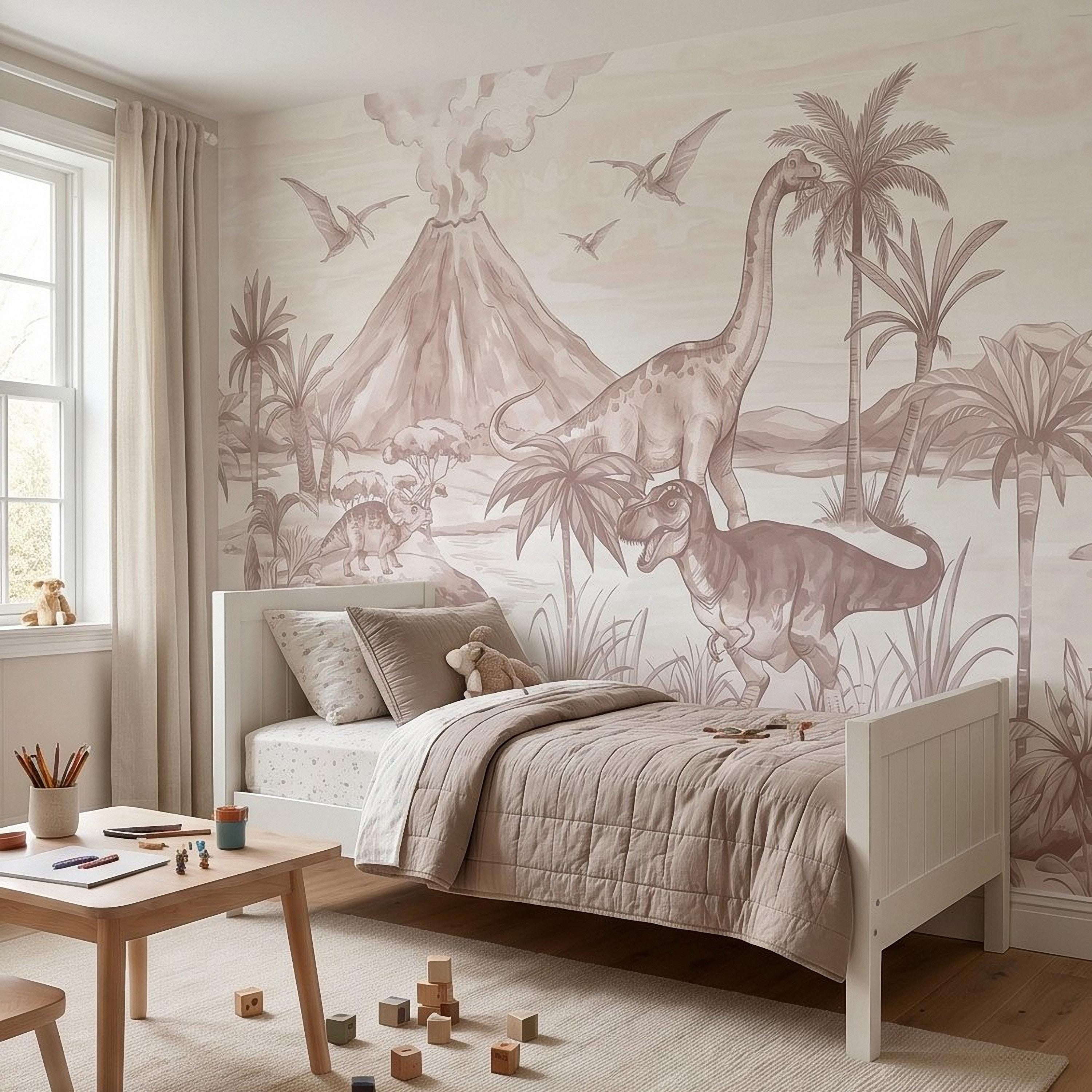 Dinosaur Jungle Peel and Stick Wall Mural, Prehistoric Volcano Landscape Scene T Rex and Brachiosaurus Adventure Kids Room Wallpaper