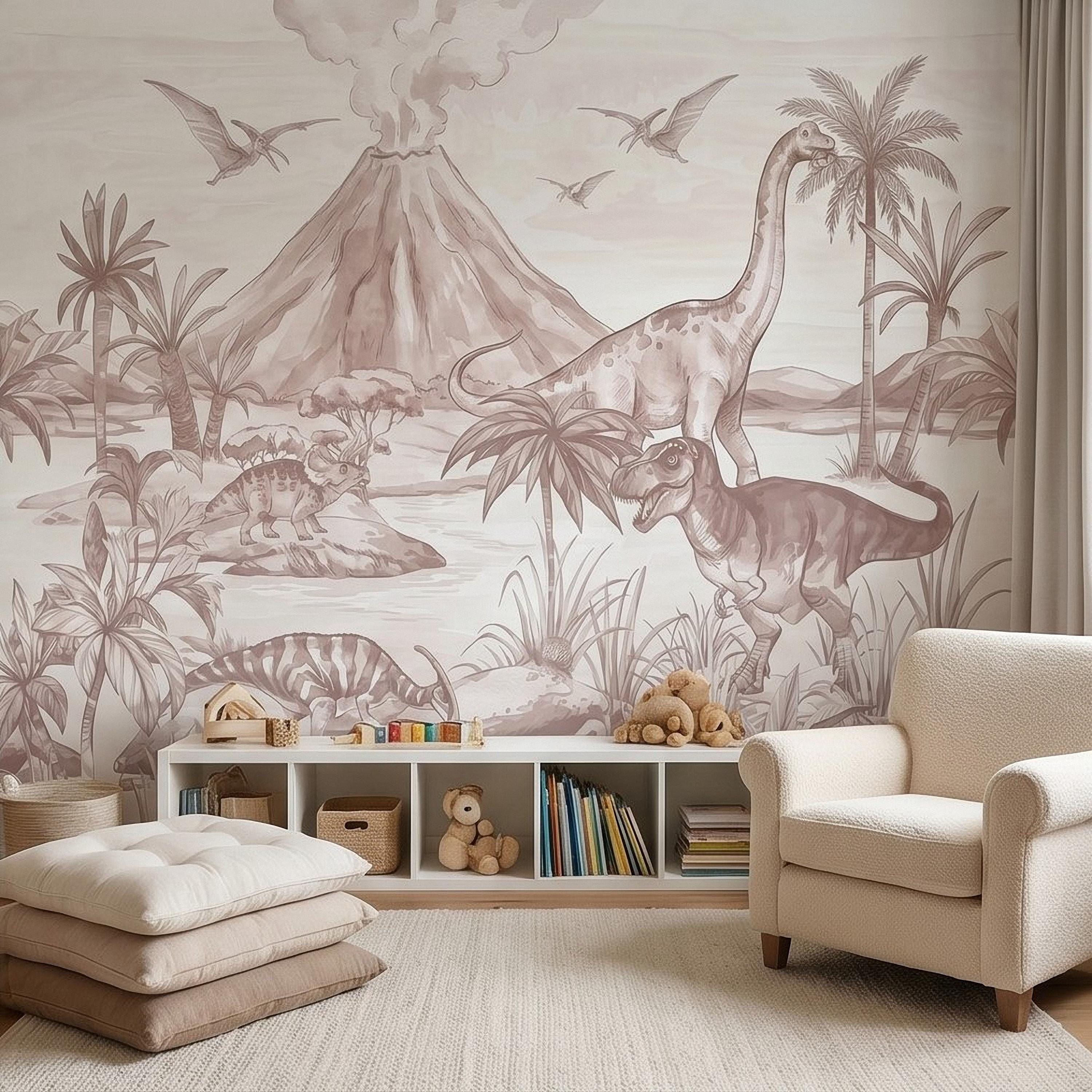 Dinosaur Jungle Peel and Stick Wall Mural, Prehistoric Volcano Landscape Scene T Rex and Brachiosaurus Adventure Kids Room Wallpaper