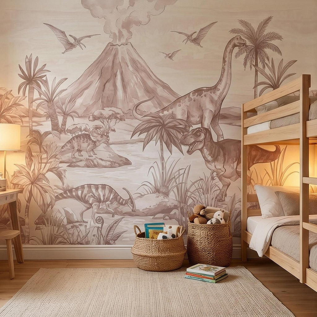 Dinosaur Jungle Peel and Stick Wall Mural, Prehistoric Volcano Landscape Scene T Rex and Brachiosaurus Adventure Kids Room Wallpaper
