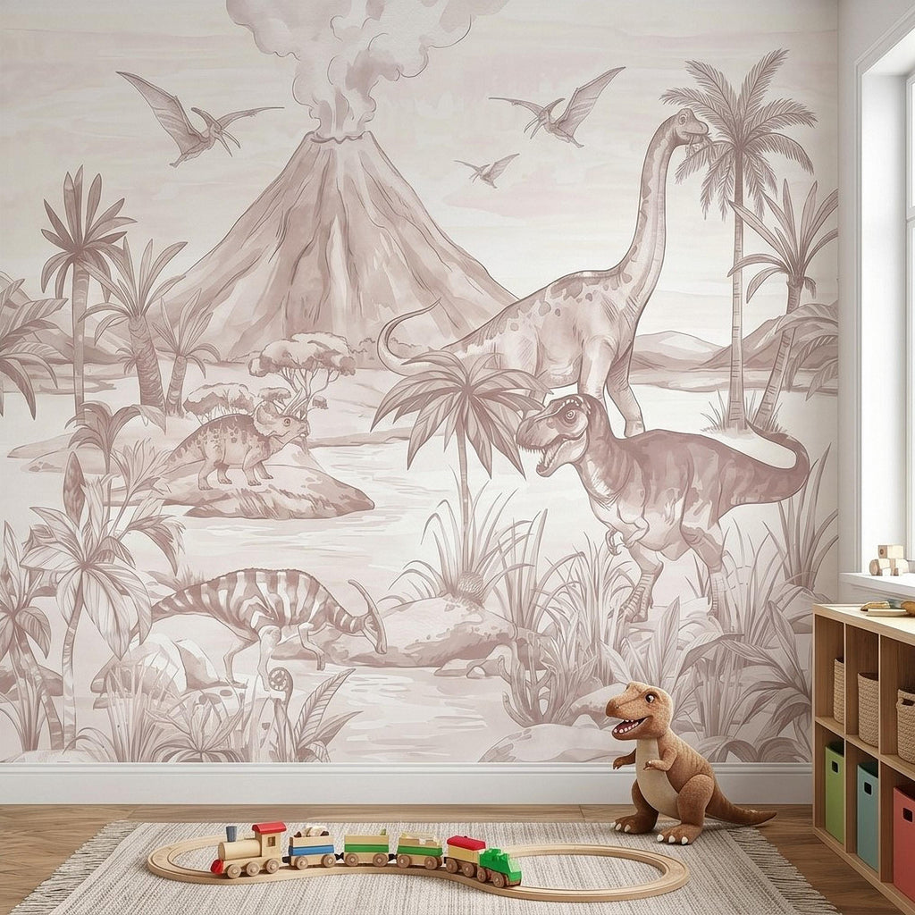Dinosaur Jungle Peel and Stick Wall Mural, Prehistoric Volcano Landscape Scene T Rex and Brachiosaurus Adventure Kids Room Wallpaper