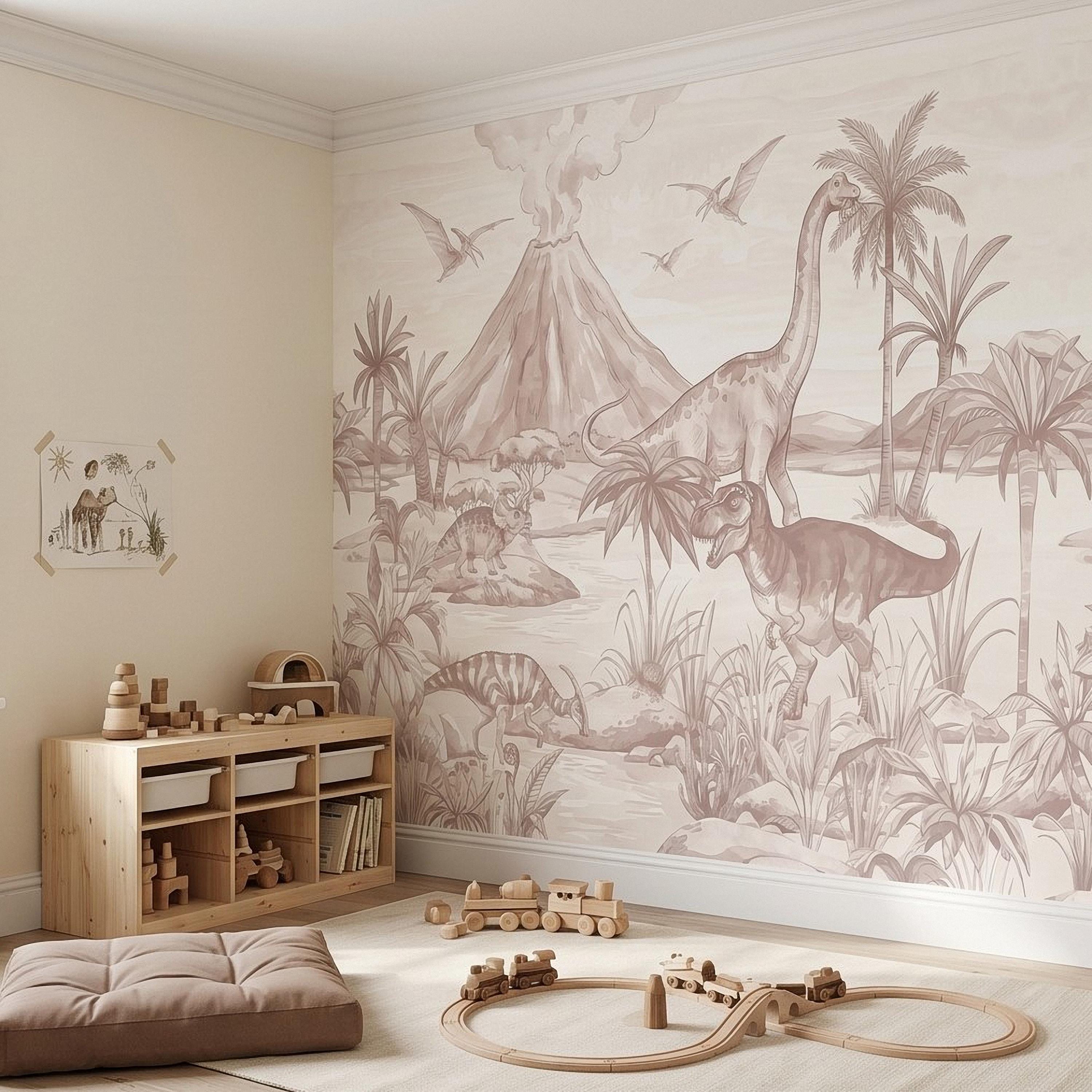 Dinosaur Jungle Peel and Stick Wall Mural, Prehistoric Volcano Landscape Scene T Rex and Brachiosaurus Adventure Kids Room Wallpaper