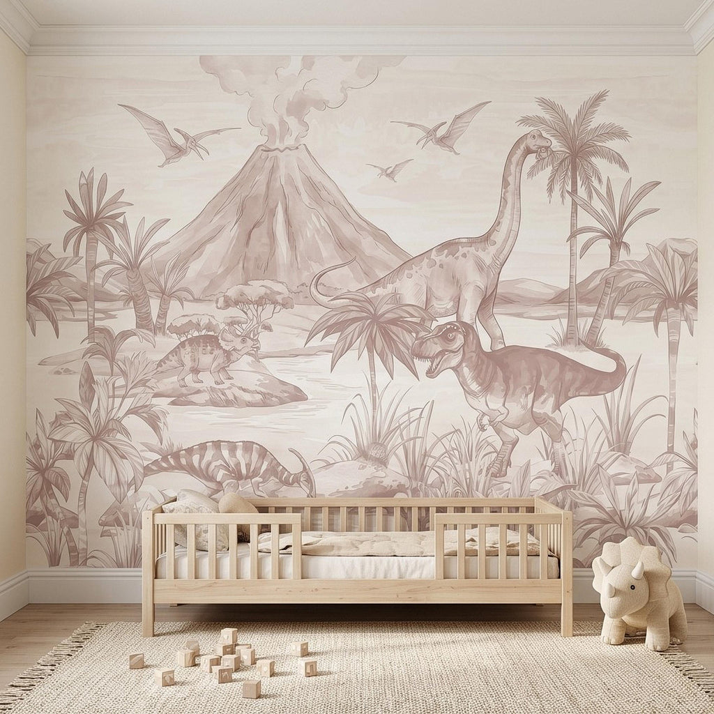 Dinosaur Jungle Peel and Stick Wall Mural, Prehistoric Volcano Landscape Scene T Rex and Brachiosaurus Adventure Kids Room Wallpaper