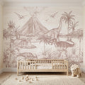 Dinosaur Jungle Peel and Stick Wall Mural, Prehistoric Volcano Landscape Scene T Rex and Brachiosaurus Adventure Kids Room Wallpaper