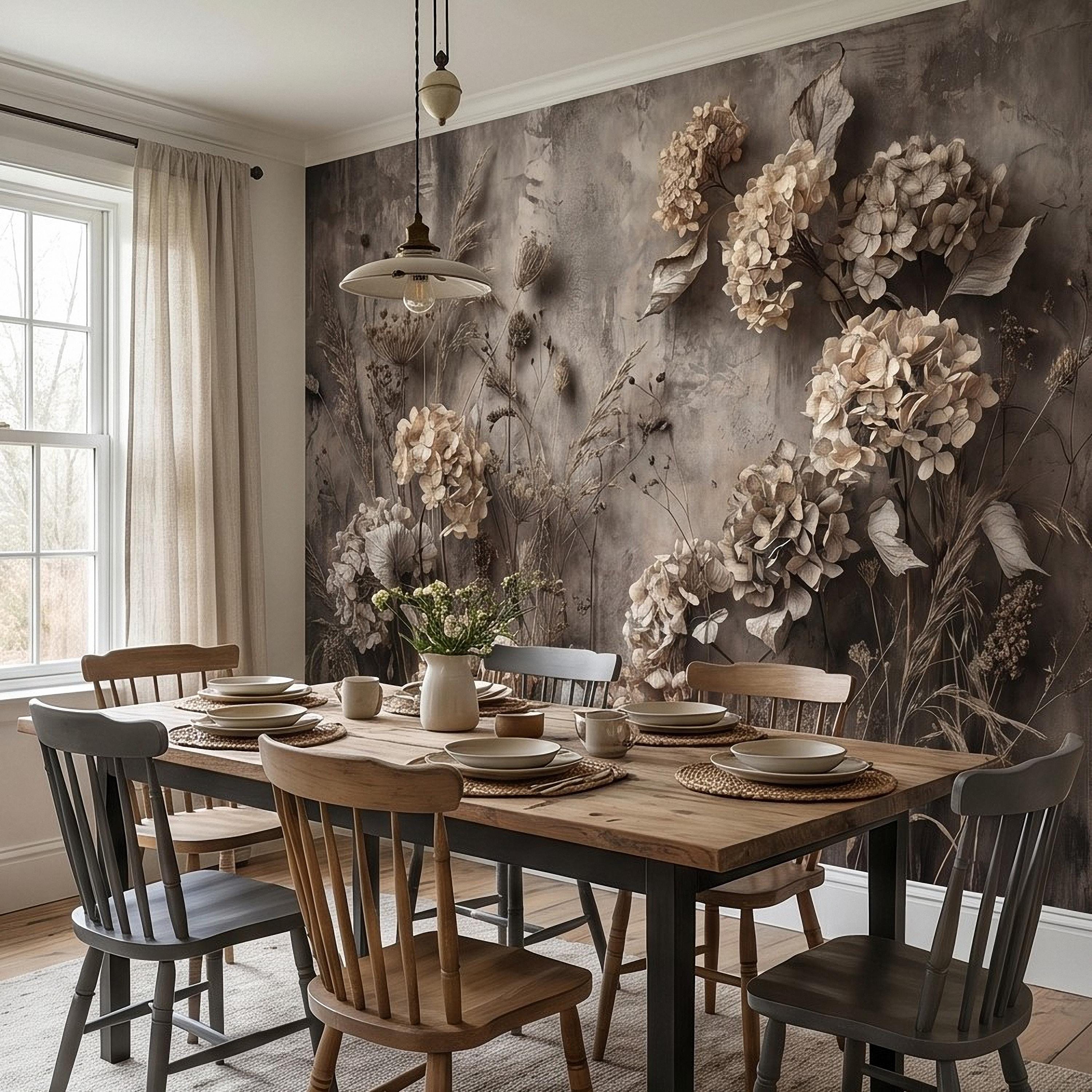 Rustic Hydrangea Botanical Peel & Stick Wall Mural, Flat Concrete Plaster Texture, 3D Visual Effect Dried Flowers Floral Wallpaper