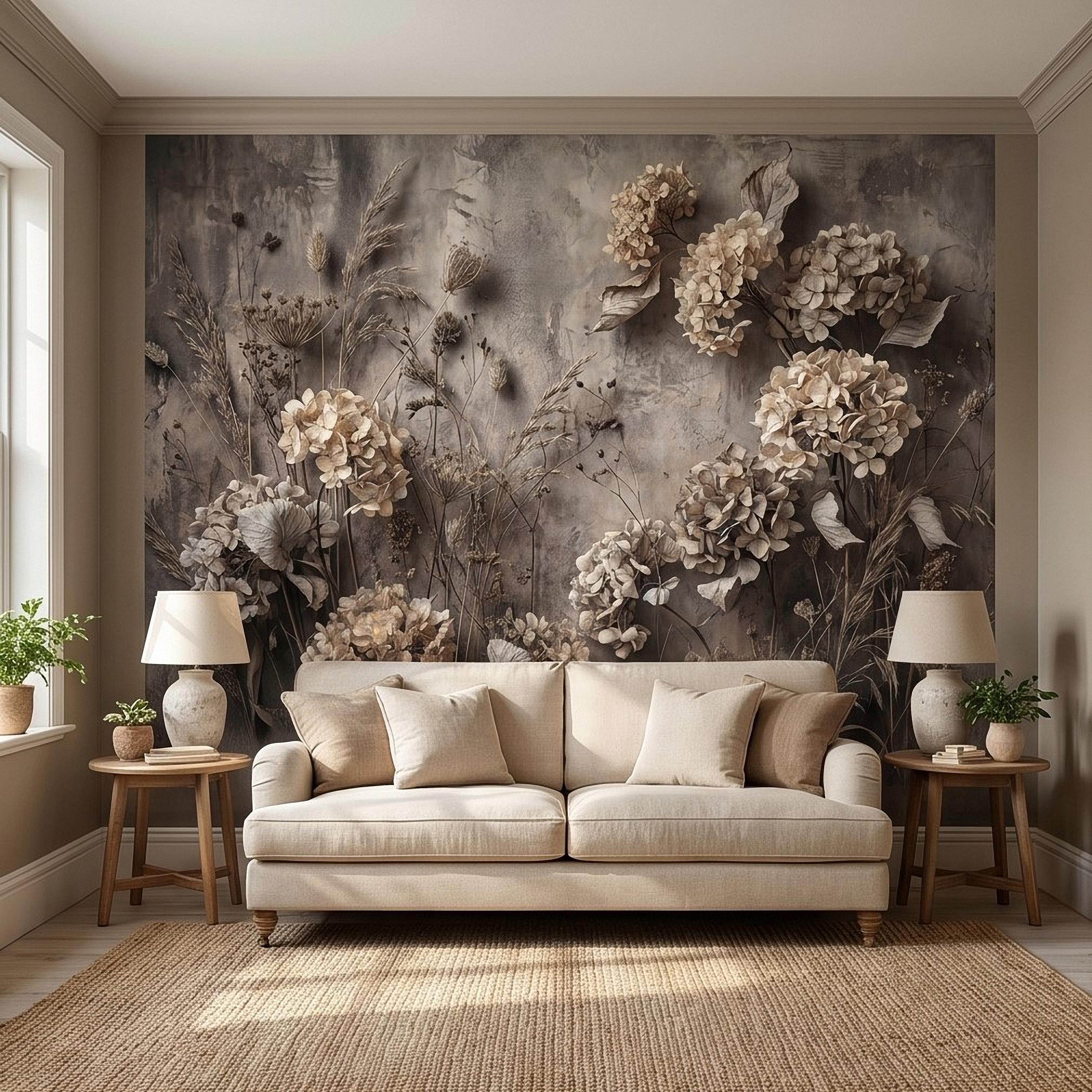 Rustic Hydrangea Botanical Peel & Stick Wall Mural, Flat Concrete Plaster Texture, 3D Visual Effect Dried Flowers Floral Wallpaper