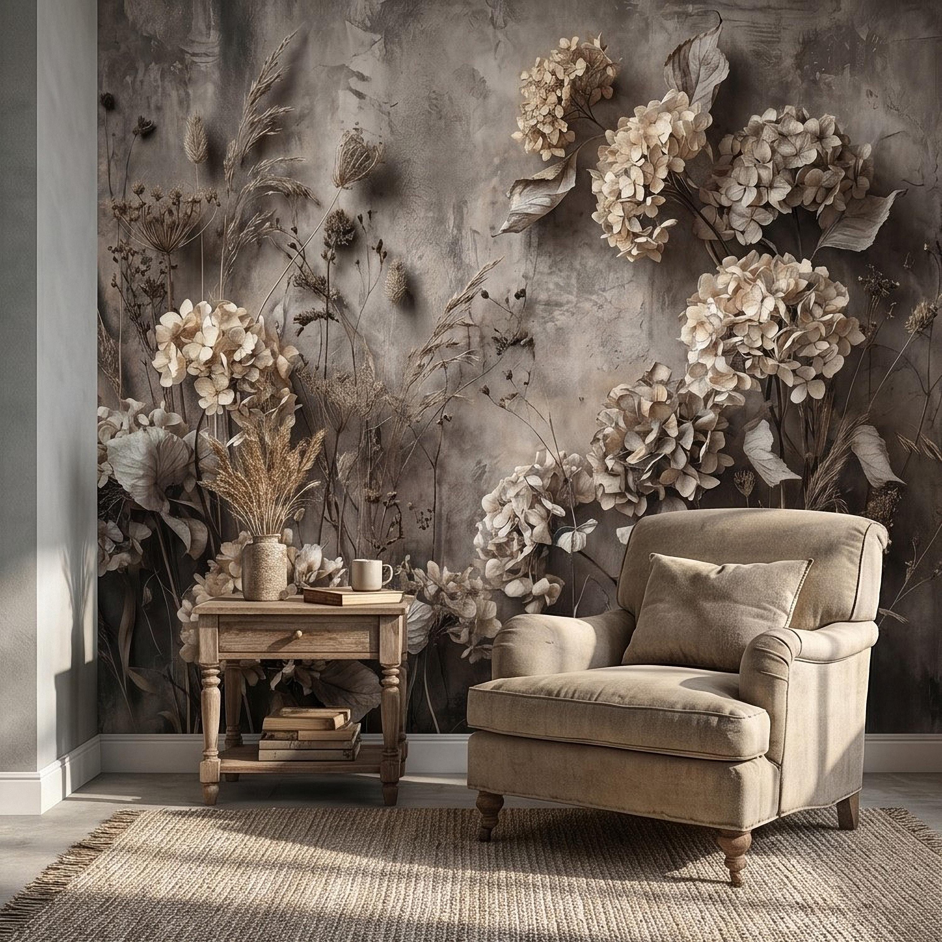 Rustic Hydrangea Botanical Peel & Stick Wall Mural, Flat Concrete Plaster Texture, 3D Visual Effect Dried Flowers Floral Wallpaper