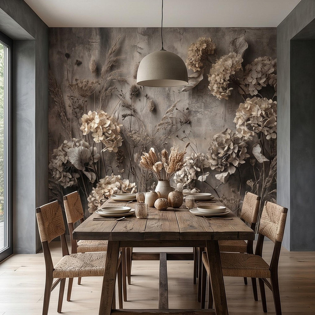 Rustic Hydrangea Botanical Peel & Stick Wall Mural, Flat Concrete Plaster Texture, 3D Visual Effect Dried Flowers Floral Wallpaper