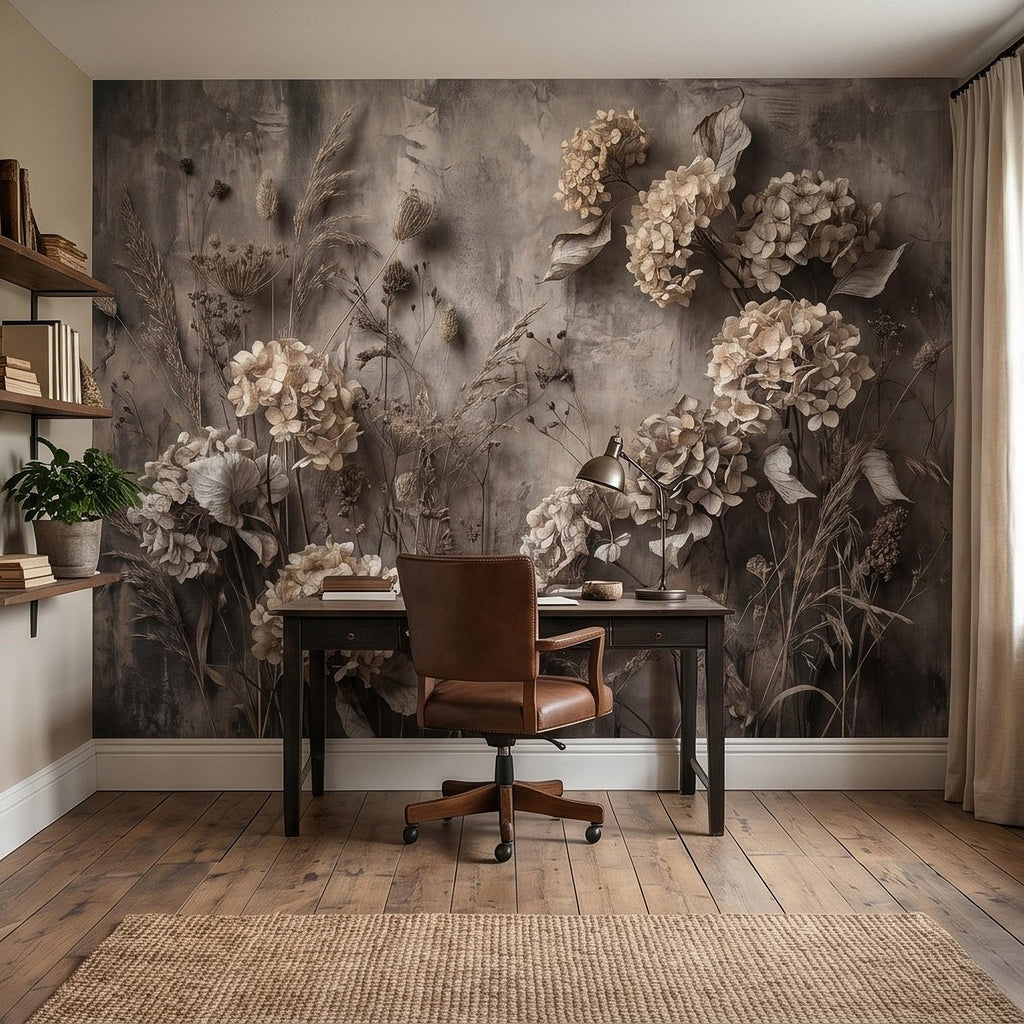 Rustic Hydrangea Botanical Peel & Stick Wall Mural, Flat Concrete Plaster Texture, 3D Visual Effect Dried Flowers Floral Wallpaper