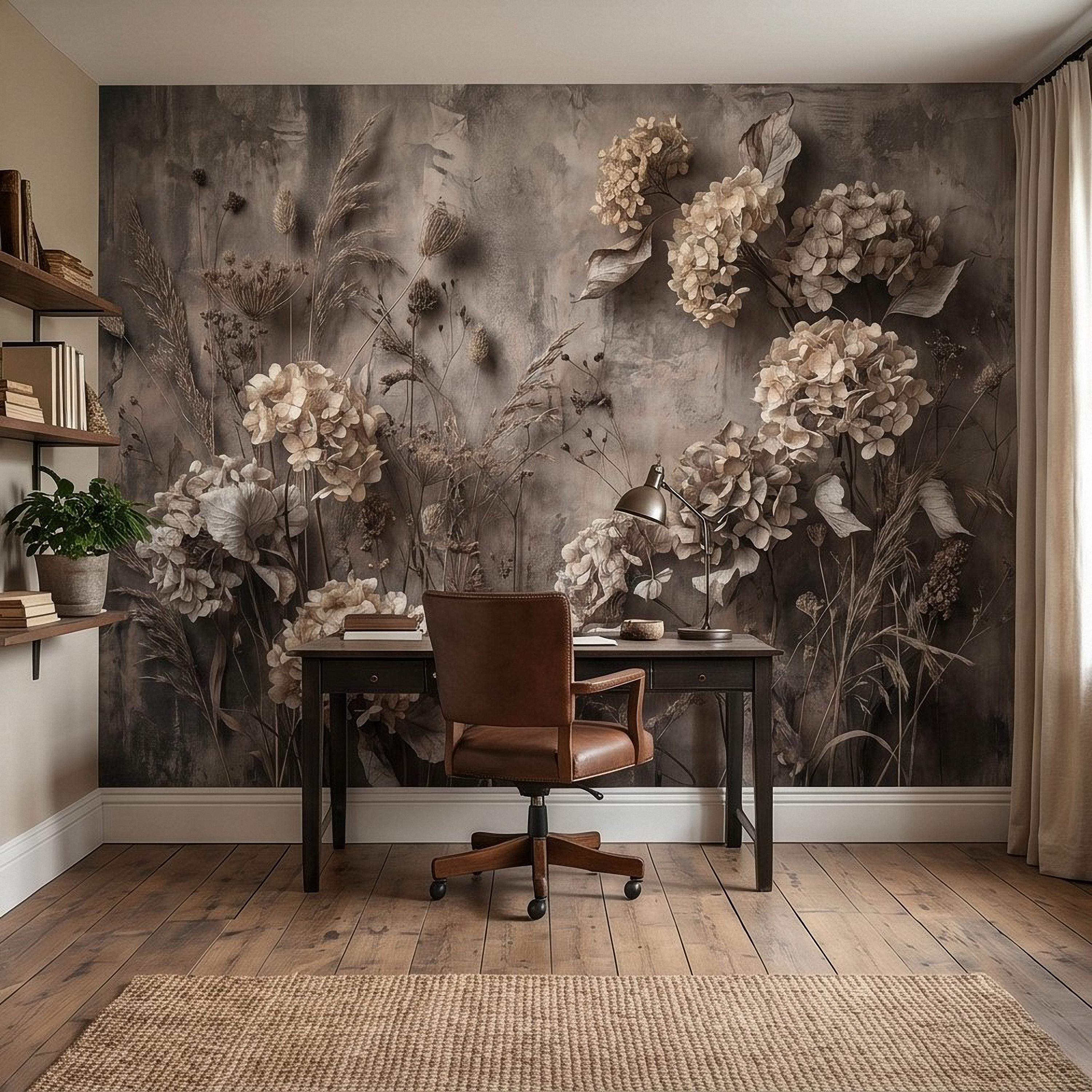 Rustic Hydrangea Botanical Peel & Stick Wall Mural, Flat Concrete Plaster Texture, 3D Visual Effect Dried Flowers Floral Wallpaper