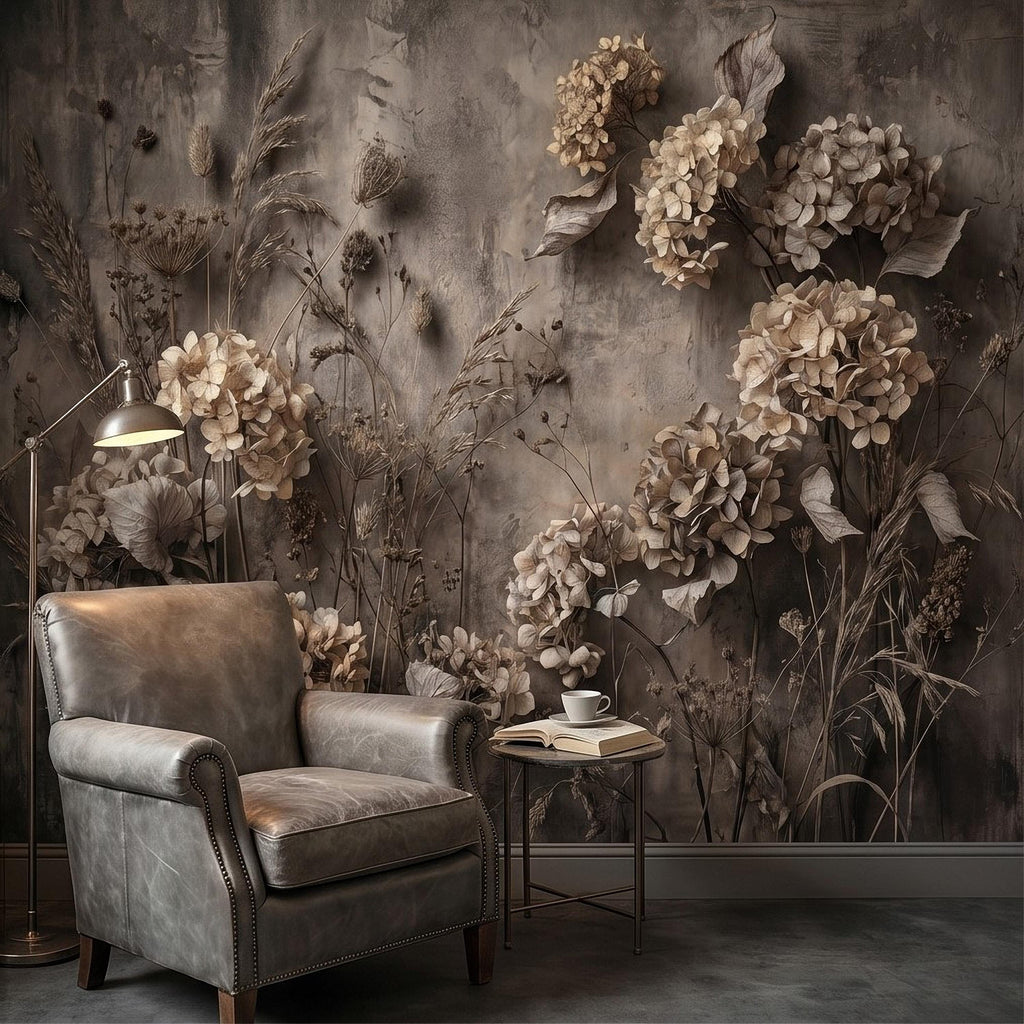Rustic Hydrangea Botanical Peel & Stick Wall Mural, Flat Concrete Plaster Texture, 3D Visual Effect Dried Flowers Floral Wallpaper