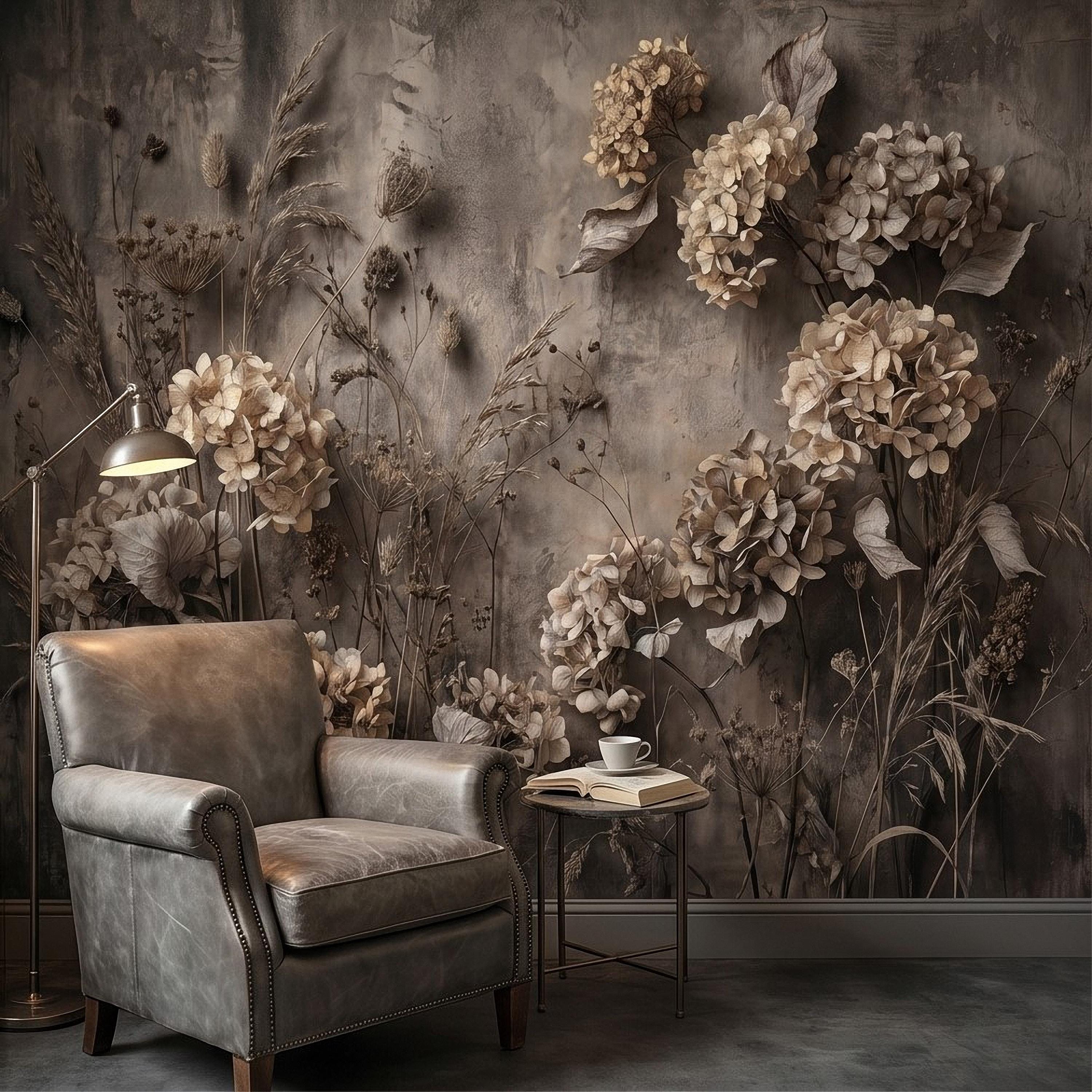 Rustic Hydrangea Botanical Peel & Stick Wall Mural, Flat Concrete Plaster Texture, 3D Visual Effect Dried Flowers Floral Wallpaper