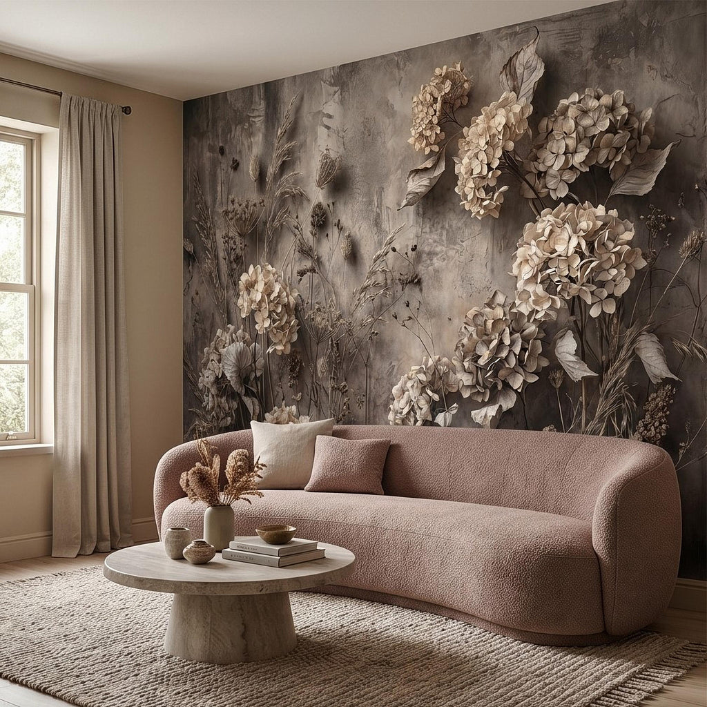 Rustic Hydrangea Botanical Peel & Stick Wall Mural, Flat Concrete Plaster Texture, 3D Visual Effect Dried Flowers Floral Wallpaper