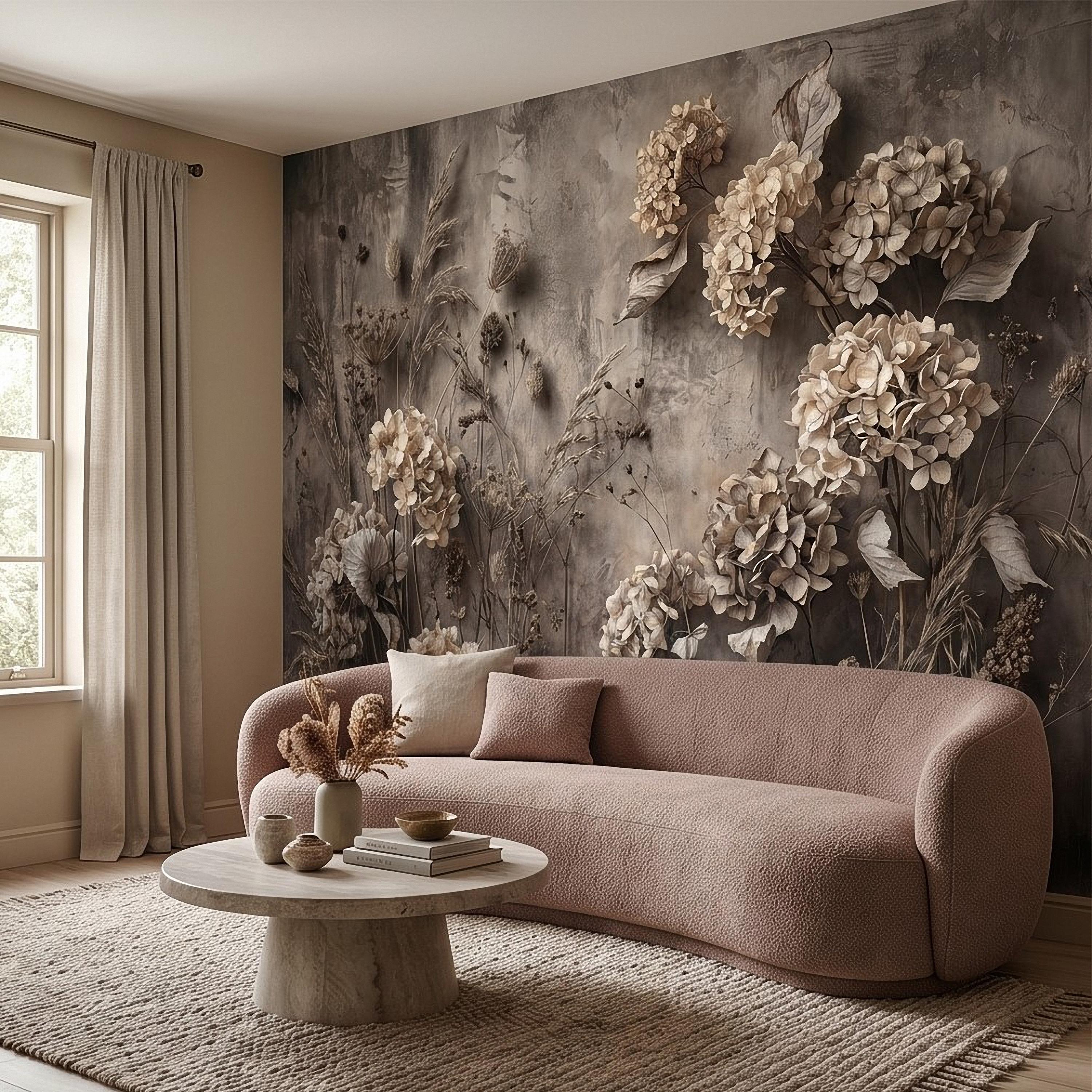 Rustic Hydrangea Botanical Peel & Stick Wall Mural, Flat Concrete Plaster Texture, 3D Visual Effect Dried Flowers Floral Wallpaper