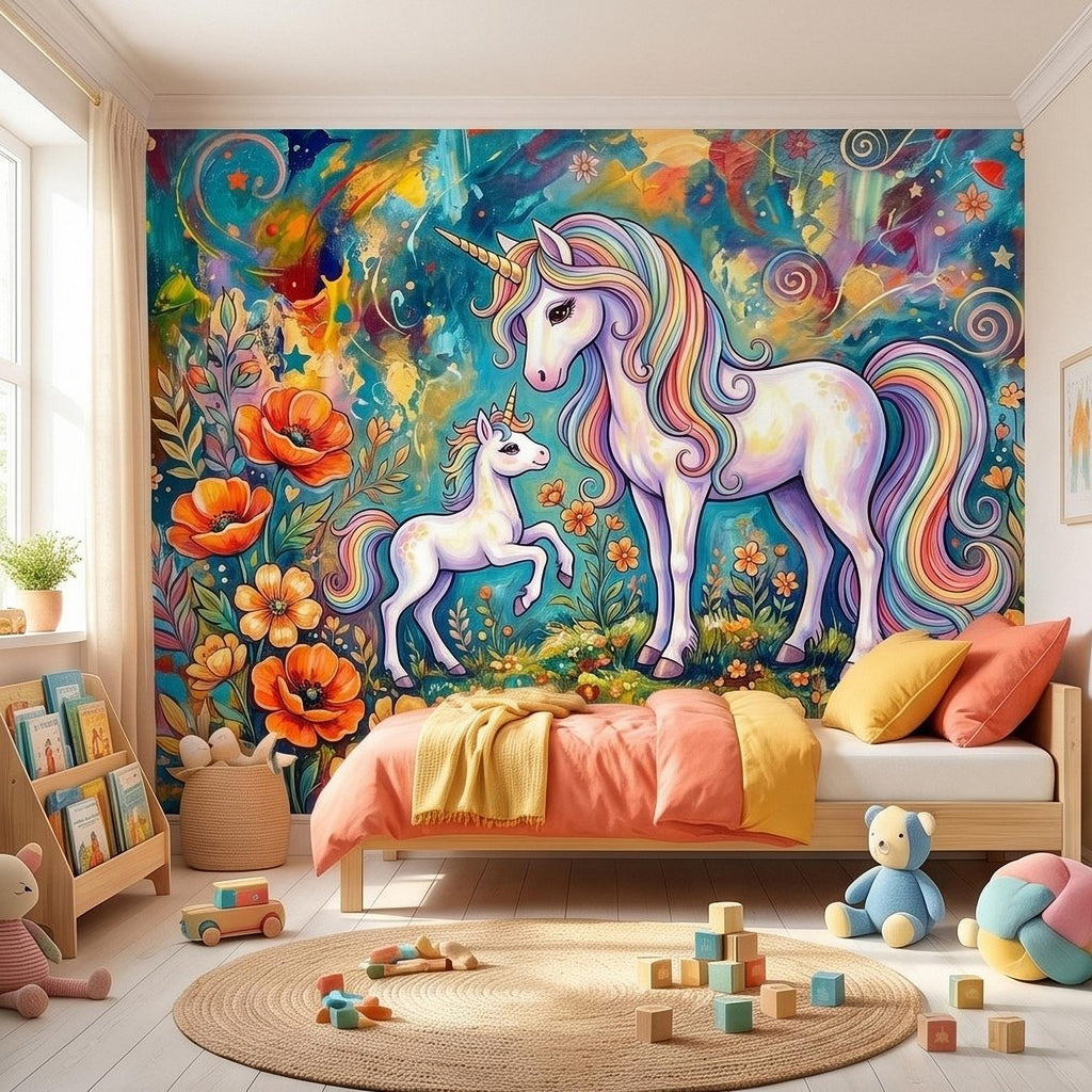 Magical Unicorn Mother and Baby Peel and Stick Wall Mural, Colorful Rainbow Wildflower Garden, Whimsical Fantasy Vibrant Girls Wallpaper