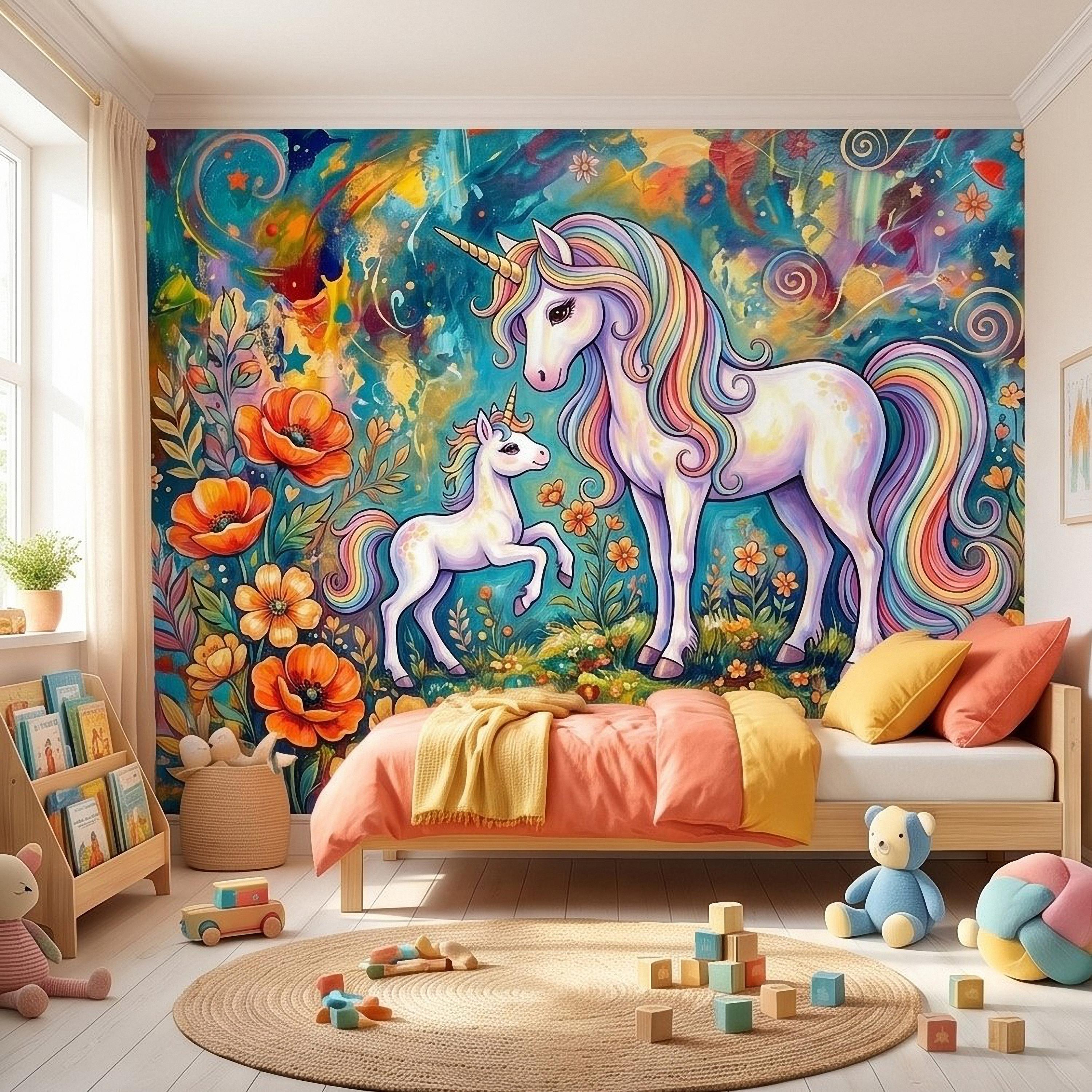 Magical Unicorn Mother and Baby Peel and Stick Wall Mural, Colorful Rainbow Wildflower Garden, Whimsical Fantasy Vibrant Girls Wallpaper