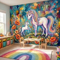 Magical Unicorn Mother and Baby Peel and Stick Wall Mural, Colorful Rainbow Wildflower Garden, Whimsical Fantasy Vibrant Girls Wallpaper