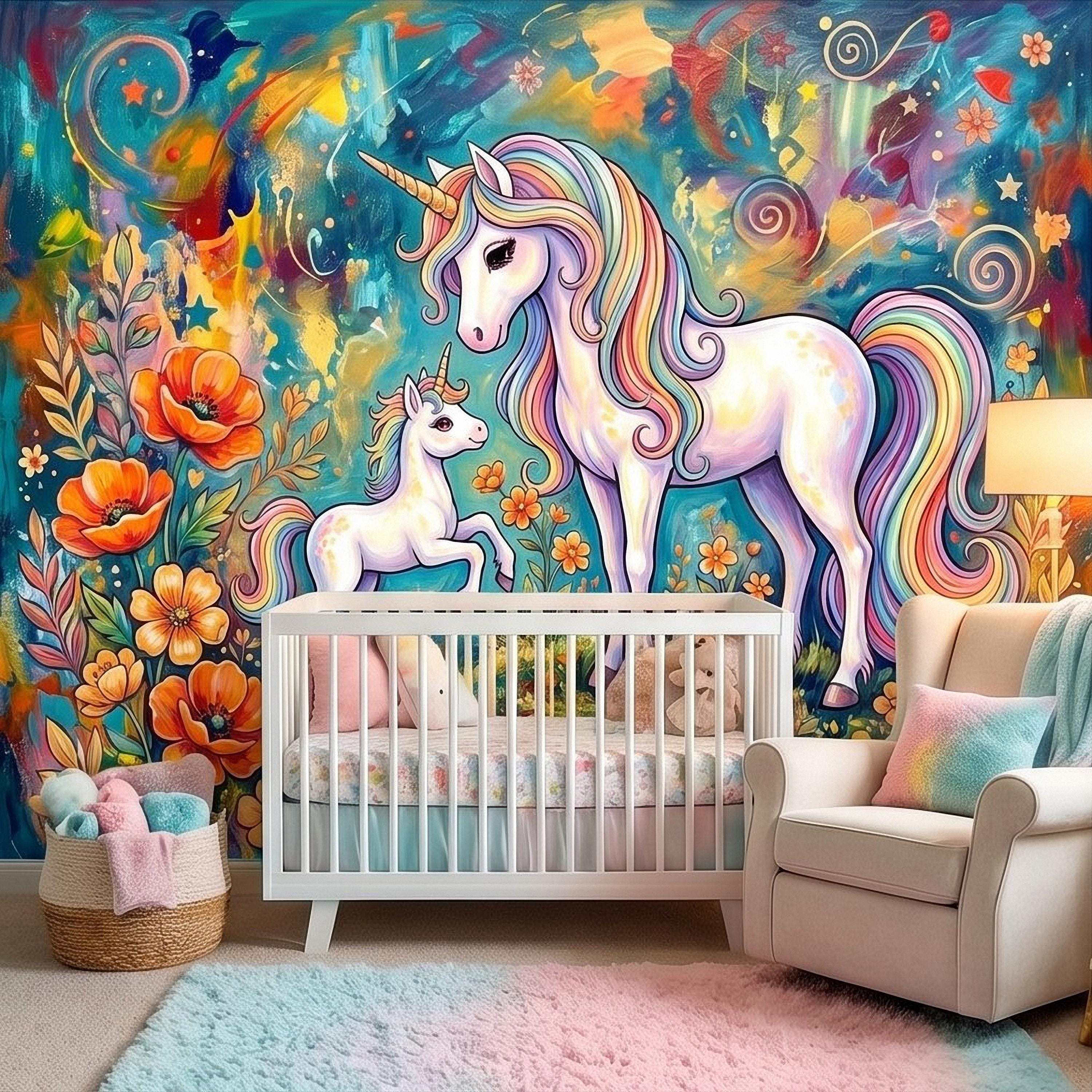 Magical Unicorn Mother and Baby Peel and Stick Wall Mural, Colorful Rainbow Wildflower Garden, Whimsical Fantasy Vibrant Girls Wallpaper
