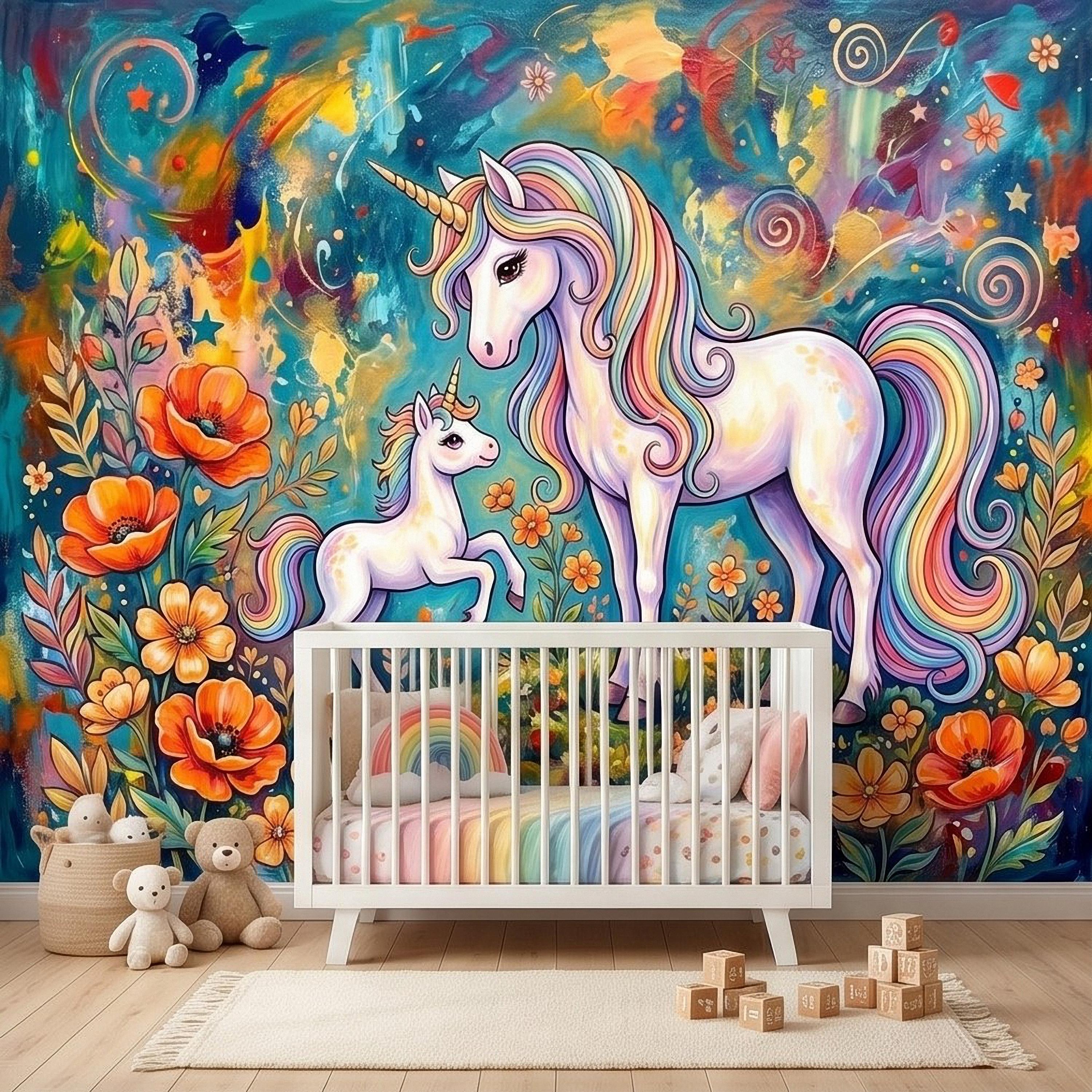 Magical Unicorn Mother and Baby Peel and Stick Wall Mural, Colorful Rainbow Wildflower Garden, Whimsical Fantasy Vibrant Girls Wallpaper