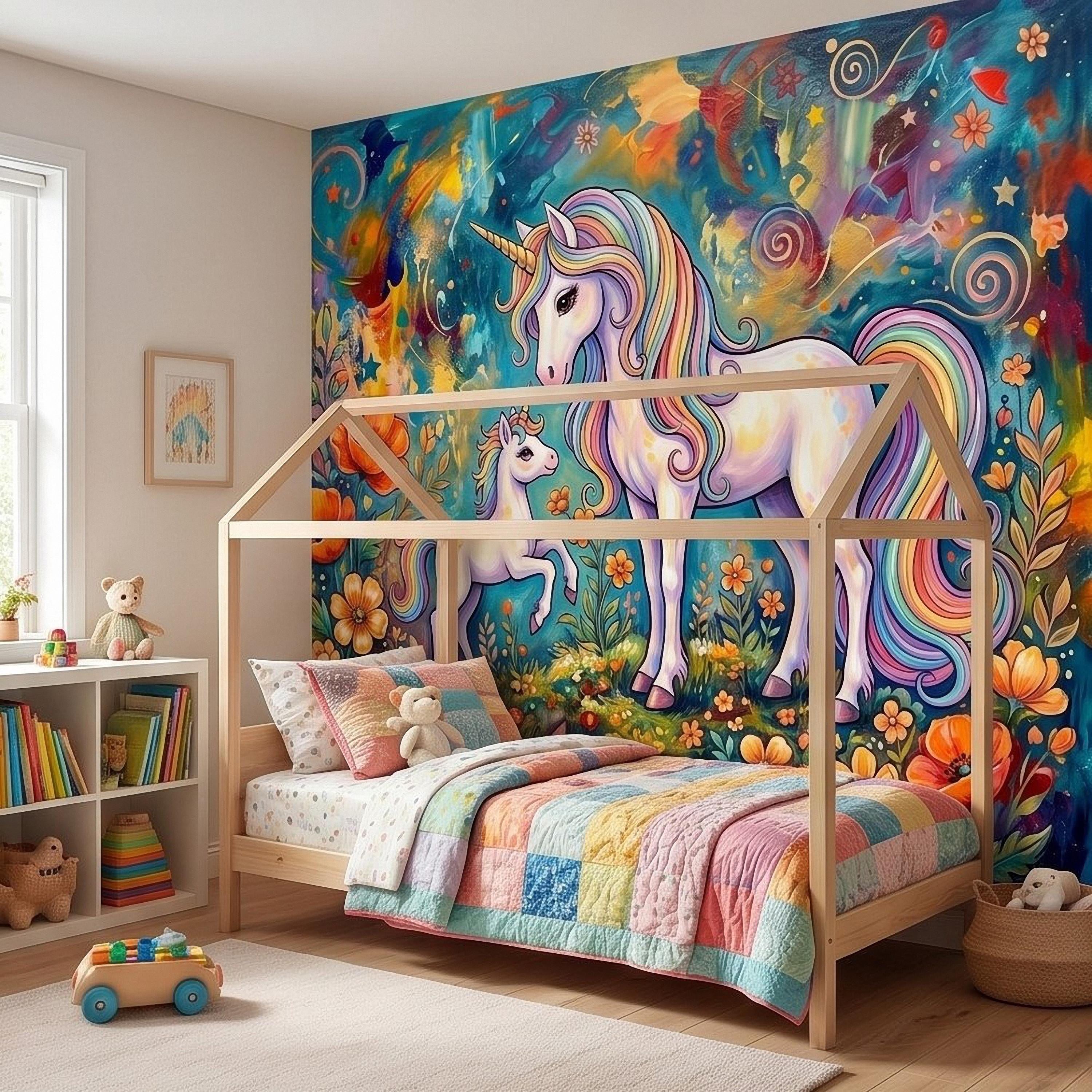 Magical Unicorn Mother and Baby Peel and Stick Wall Mural, Colorful Rainbow Wildflower Garden, Whimsical Fantasy Vibrant Girls Wallpaper