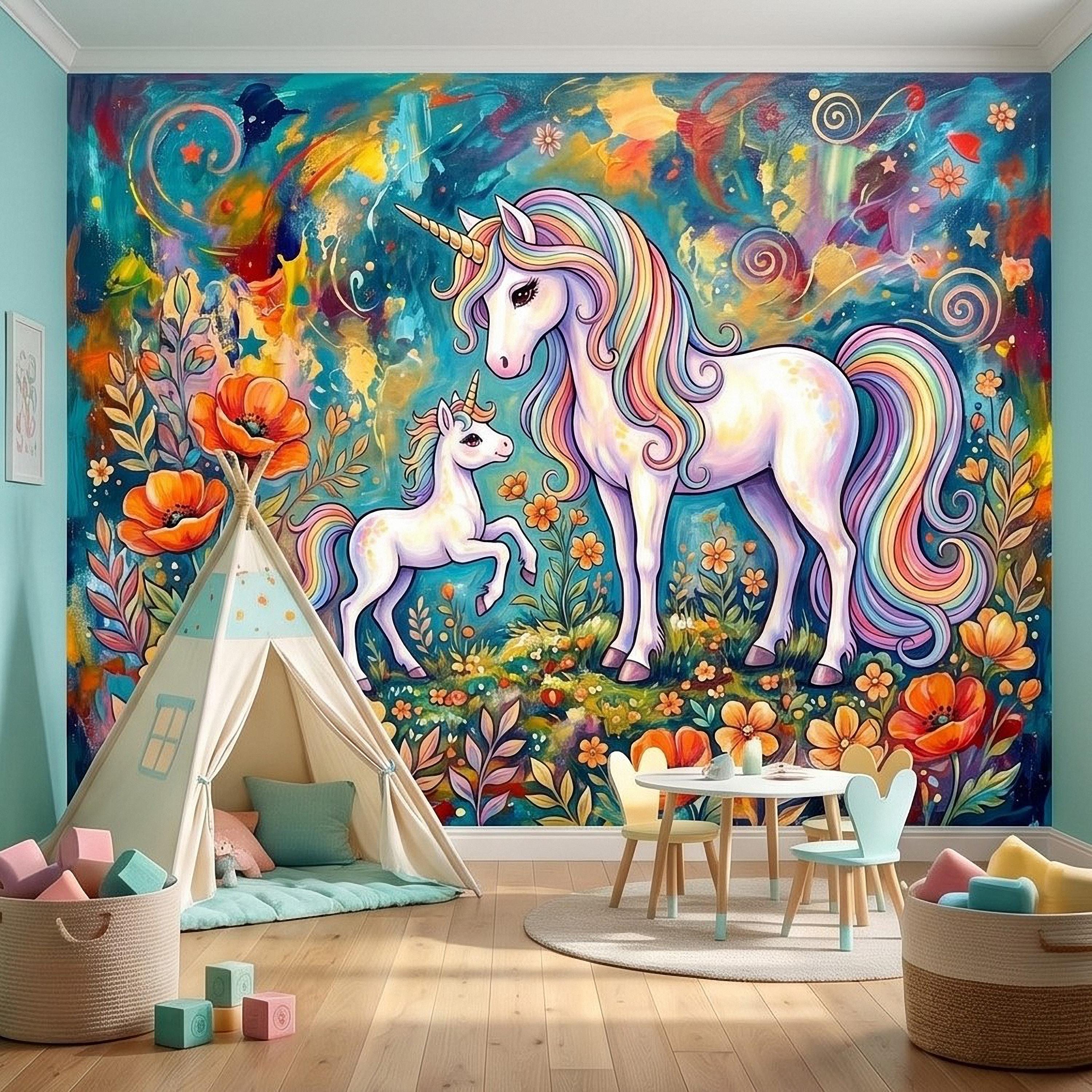 Magical Unicorn Mother and Baby Peel and Stick Wall Mural, Colorful Rainbow Wildflower Garden, Whimsical Fantasy Vibrant Girls Wallpaper