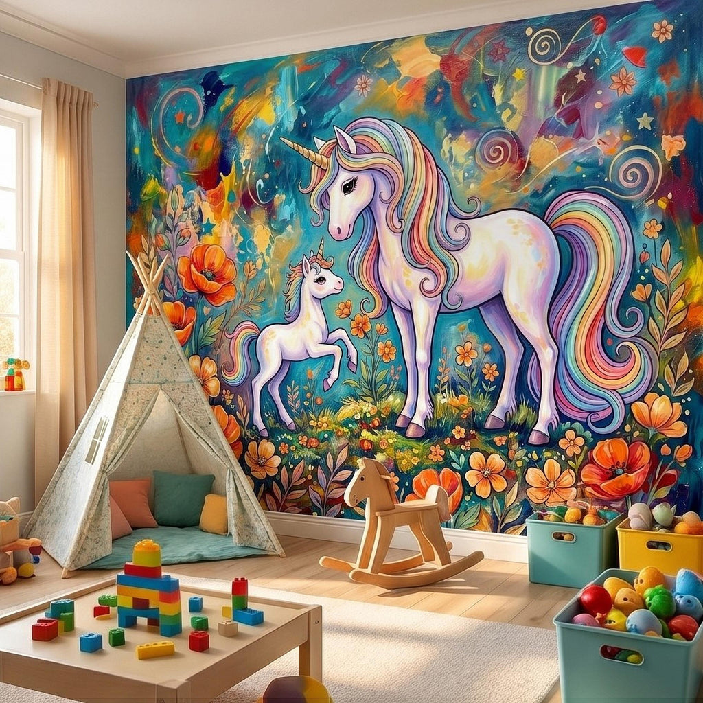 Magical Unicorn Mother and Baby Peel and Stick Wall Mural, Colorful Rainbow Wildflower Garden, Whimsical Fantasy Vibrant Girls Wallpaper