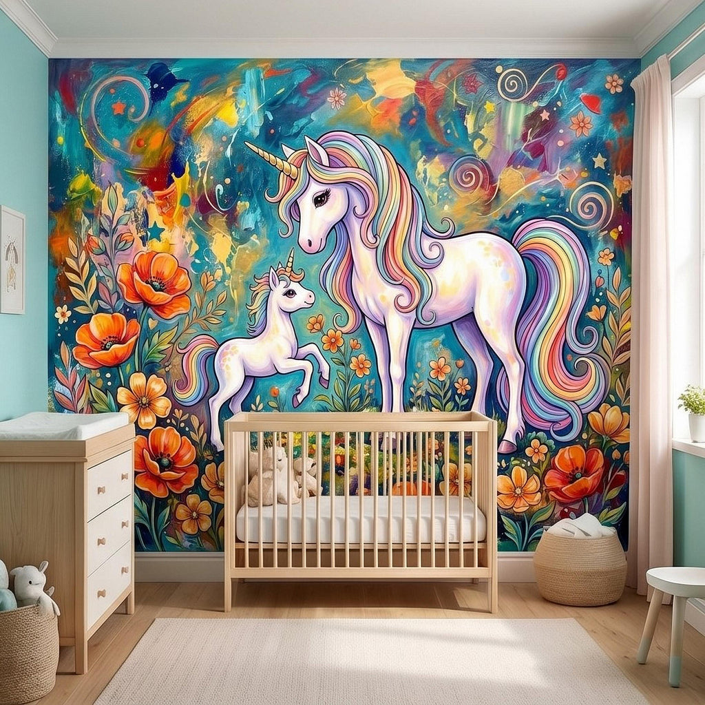 Magical Unicorn Mother and Baby Peel and Stick Wall Mural, Colorful Rainbow Wildflower Garden, Whimsical Fantasy Vibrant Girls Wallpaper