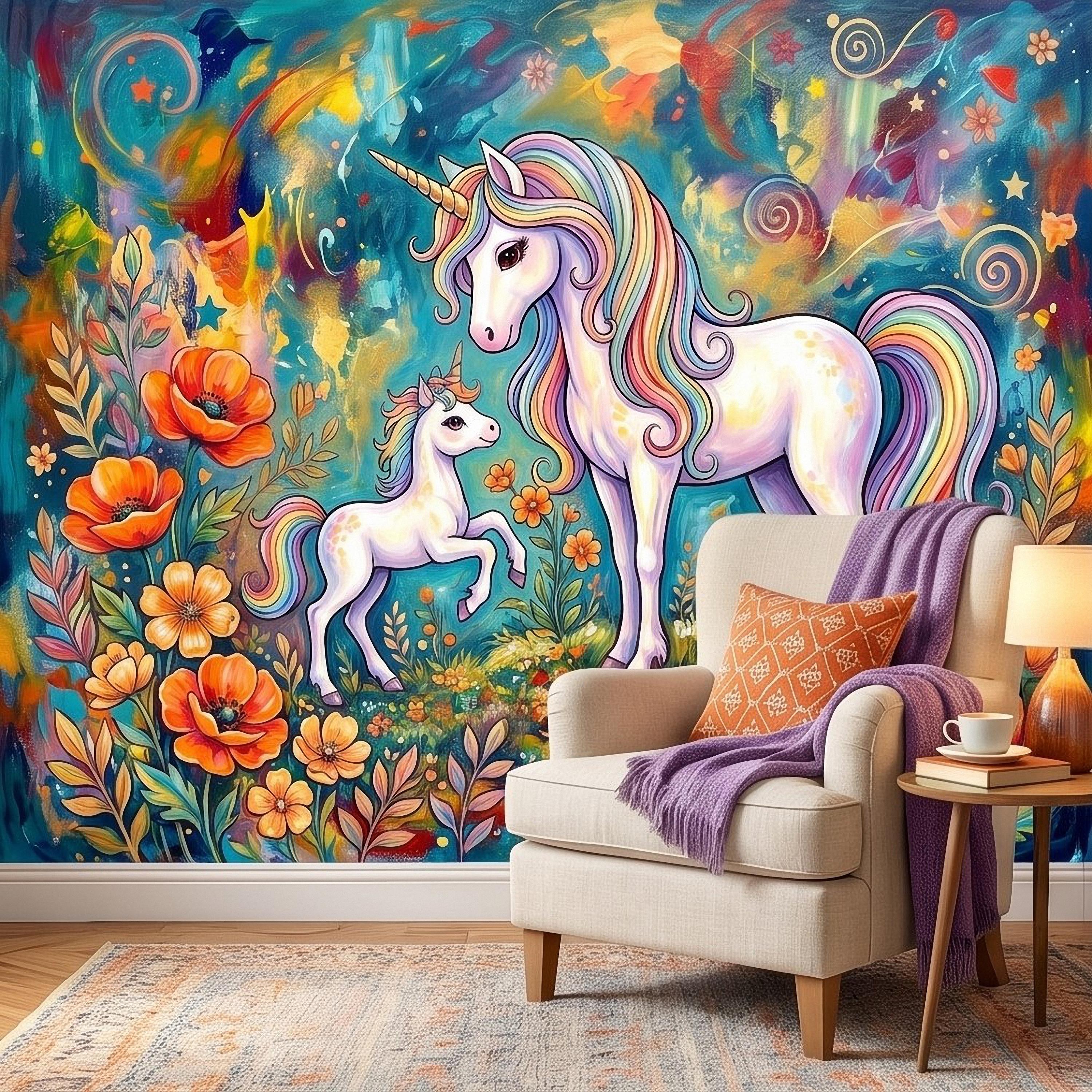 Magical Unicorn Mother and Baby Peel and Stick Wall Mural, Colorful Rainbow Wildflower Garden, Whimsical Fantasy Vibrant Girls Wallpaper