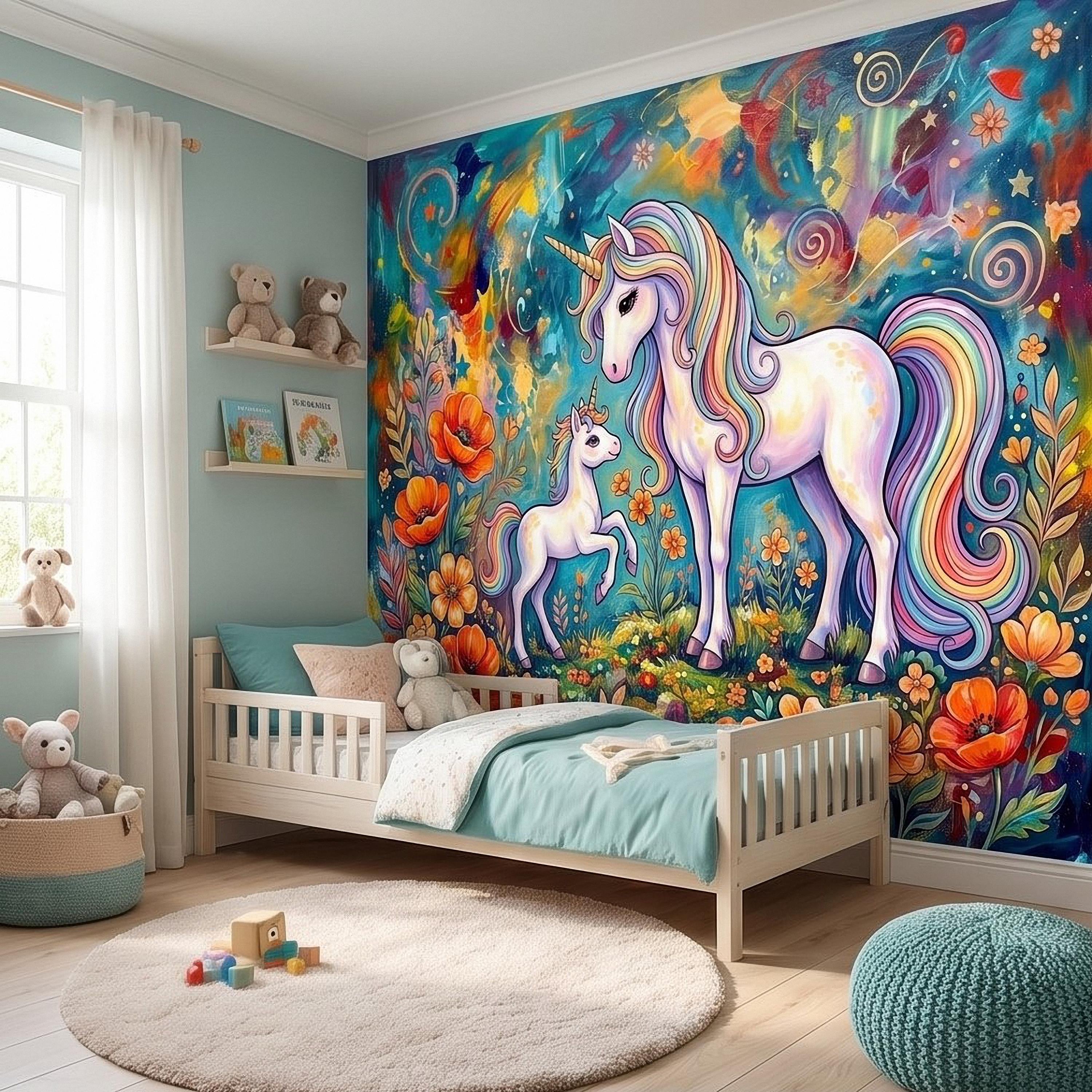 Magical Unicorn Mother and Baby Peel and Stick Wall Mural, Colorful Rainbow Wildflower Garden, Whimsical Fantasy Vibrant Girls Wallpaper