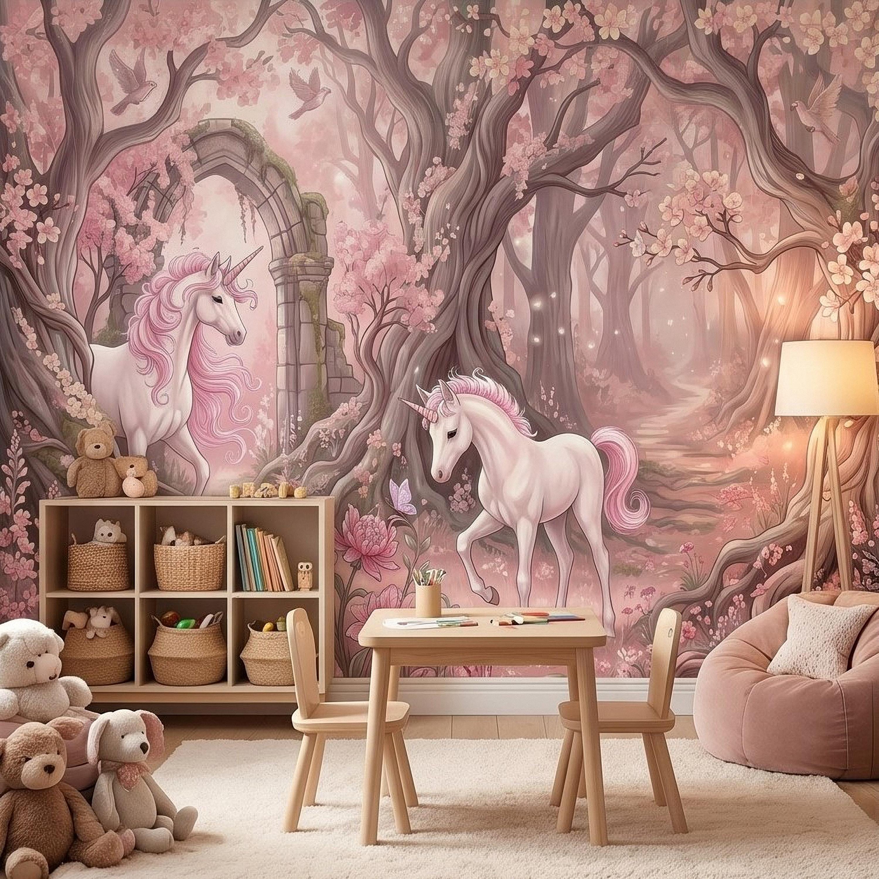 Enchanted Forest Unicorn Peel and Stick Wall Mural, Fairytale Blush Pink Tree Arch, Whimsical Storybook Woodland Girls Room Wallpaper