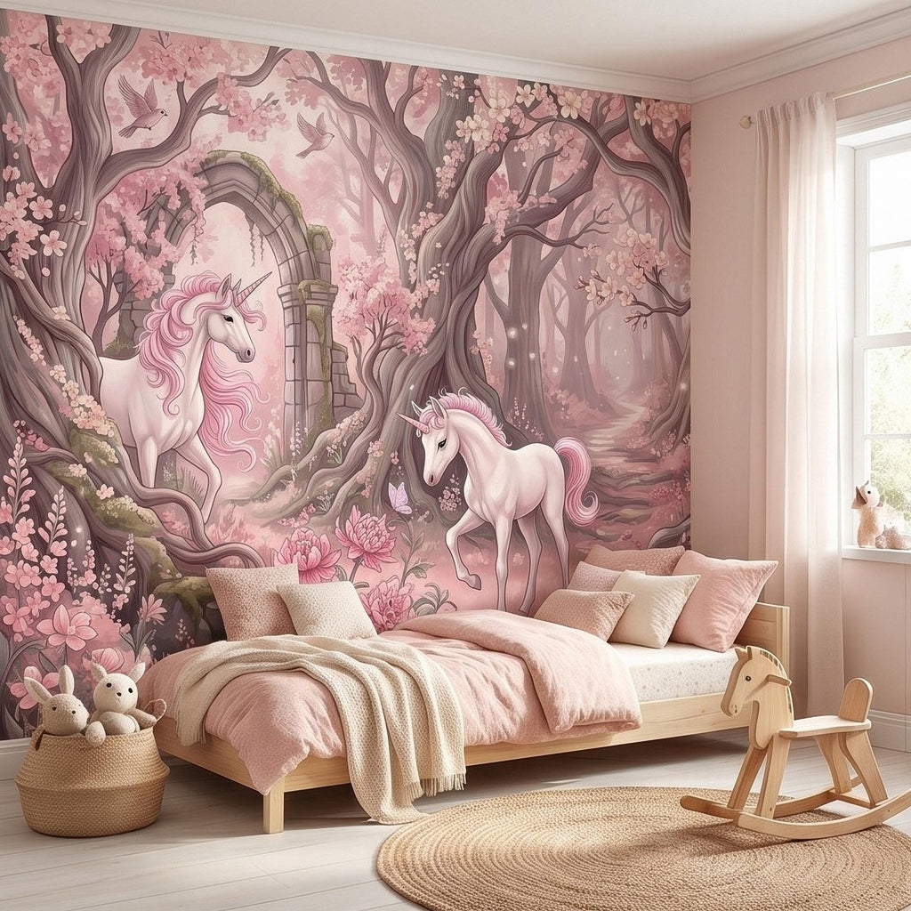Enchanted Forest Unicorn Peel and Stick Wall Mural, Fairytale Blush Pink Tree Arch, Whimsical Storybook Woodland Girls Room Wallpaper
