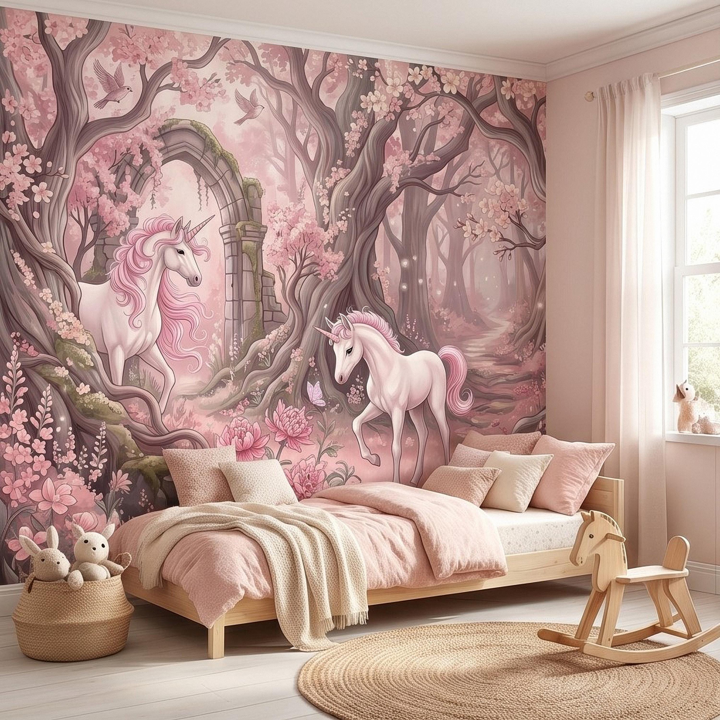 Enchanted Forest Unicorn Peel and Stick Wall Mural, Fairytale Blush Pink Tree Arch, Whimsical Storybook Woodland Girls Room Wallpaper
