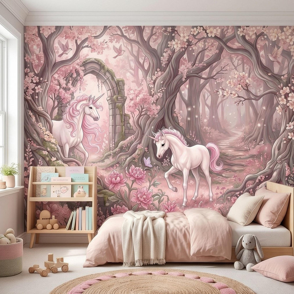 Enchanted Forest Unicorn Peel and Stick Wall Mural, Fairytale Blush Pink Tree Arch, Whimsical Storybook Woodland Girls Room Wallpaper