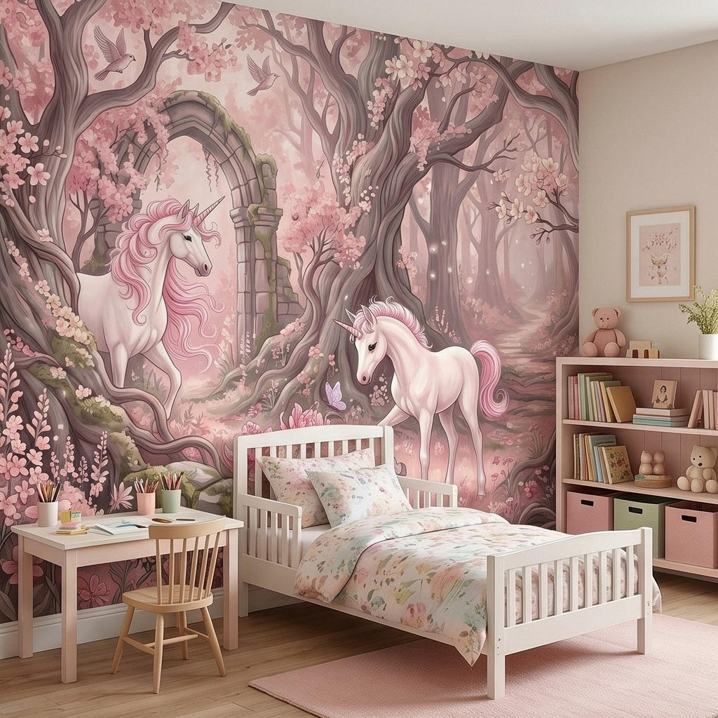 Enchanted Forest Unicorn Peel and Stick Wall Mural, Fairytale Blush Pink Tree Arch, Whimsical Storybook Woodland Girls Room Wallpaper