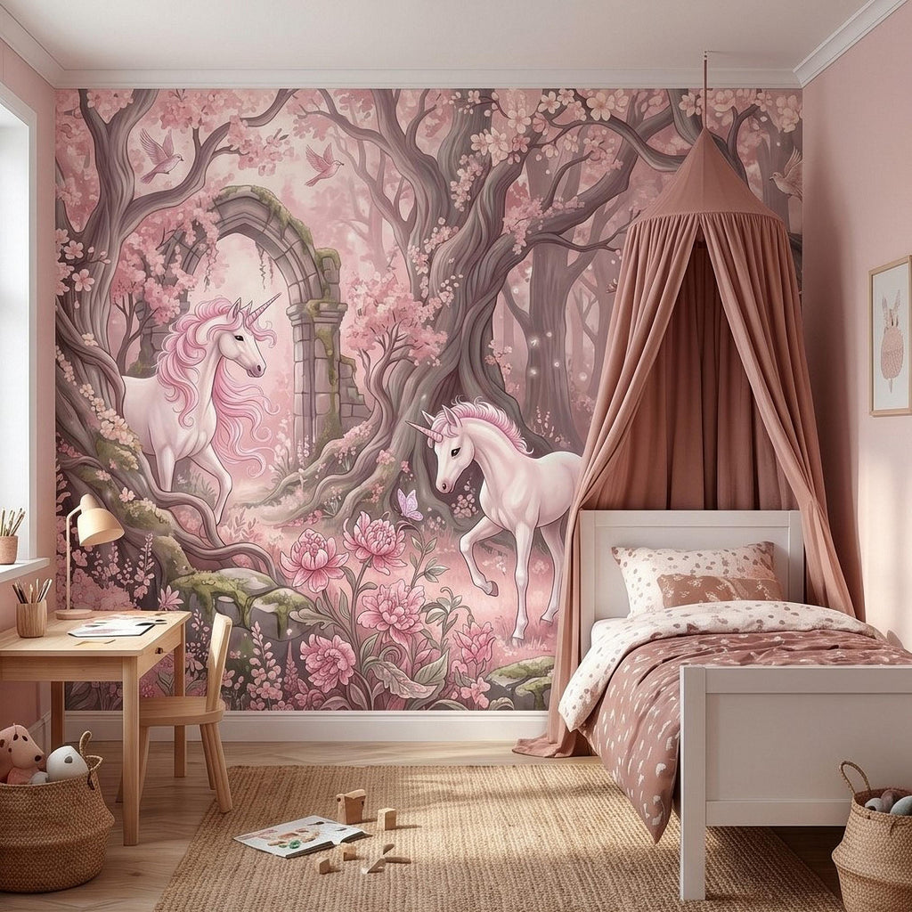 Enchanted Forest Unicorn Peel and Stick Wall Mural, Fairytale Blush Pink Tree Arch, Whimsical Storybook Woodland Girls Room Wallpaper