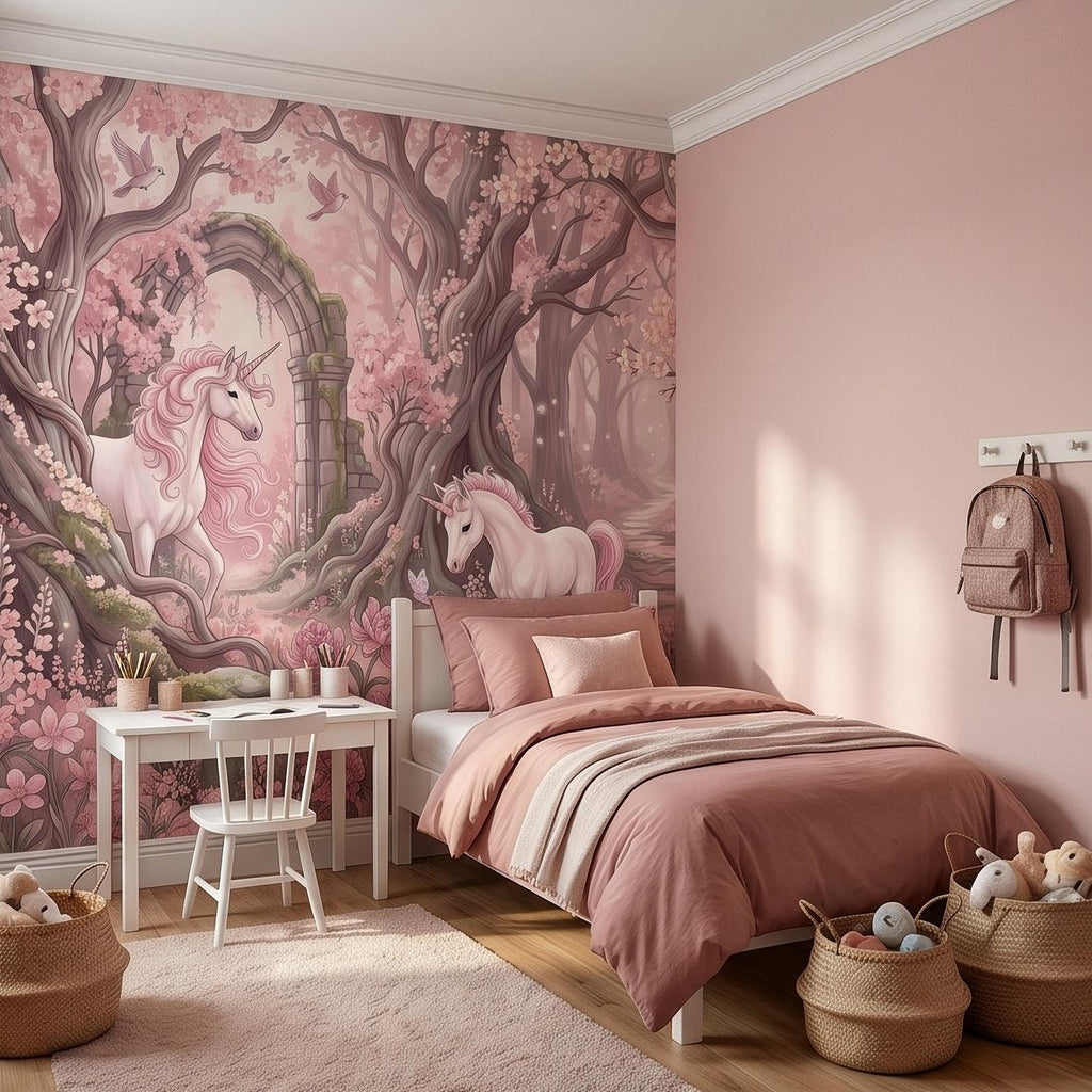 Enchanted Forest Unicorn Peel and Stick Wall Mural, Fairytale Blush Pink Tree Arch, Whimsical Storybook Woodland Girls Room Wallpaper