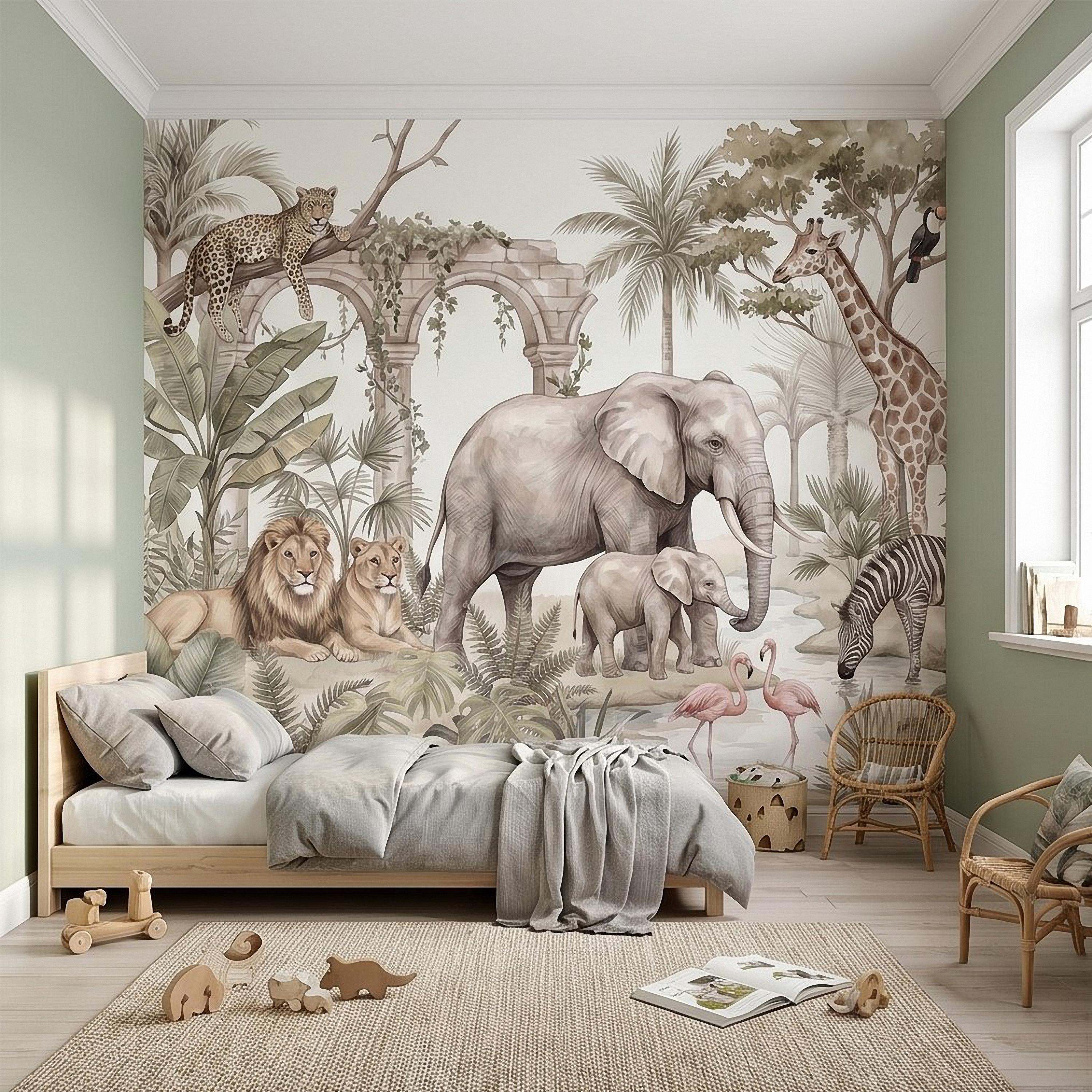 Watercolor Safari Jungle Animals Peel and Stick Wall Mural, Neutral Beige Exotic Nature Scenic Wildlife Wallpaper