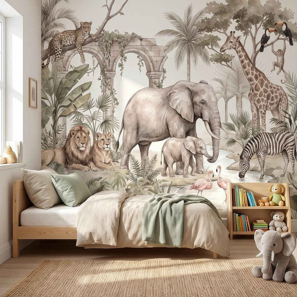 Watercolor Safari Jungle Animals Peel and Stick Wall Mural, Neutral Beige Exotic Nature Scenic Wildlife Wallpaper