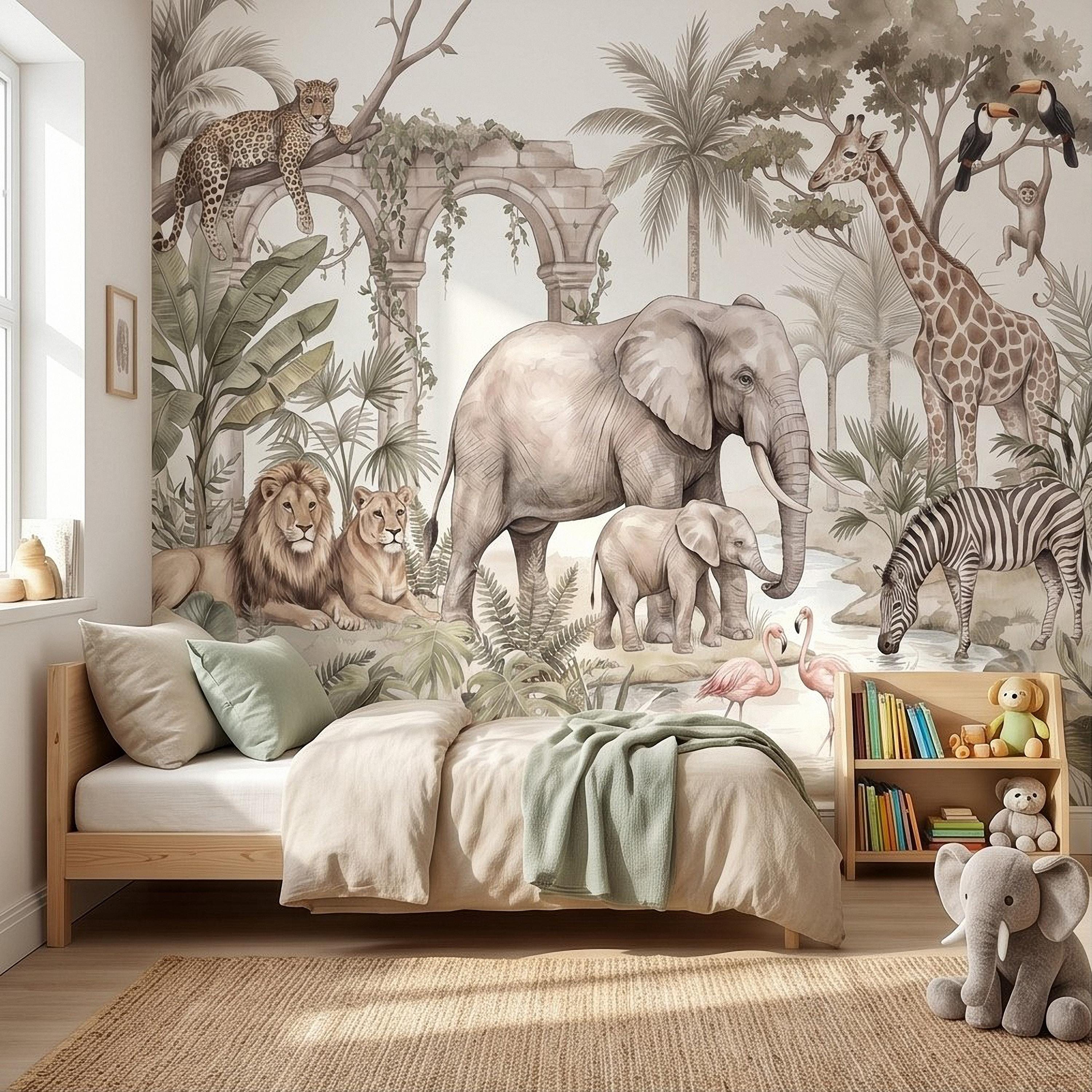 Watercolor Safari Jungle Animals Peel and Stick Wall Mural, Neutral Beige Exotic Nature Scenic Wildlife Wallpaper