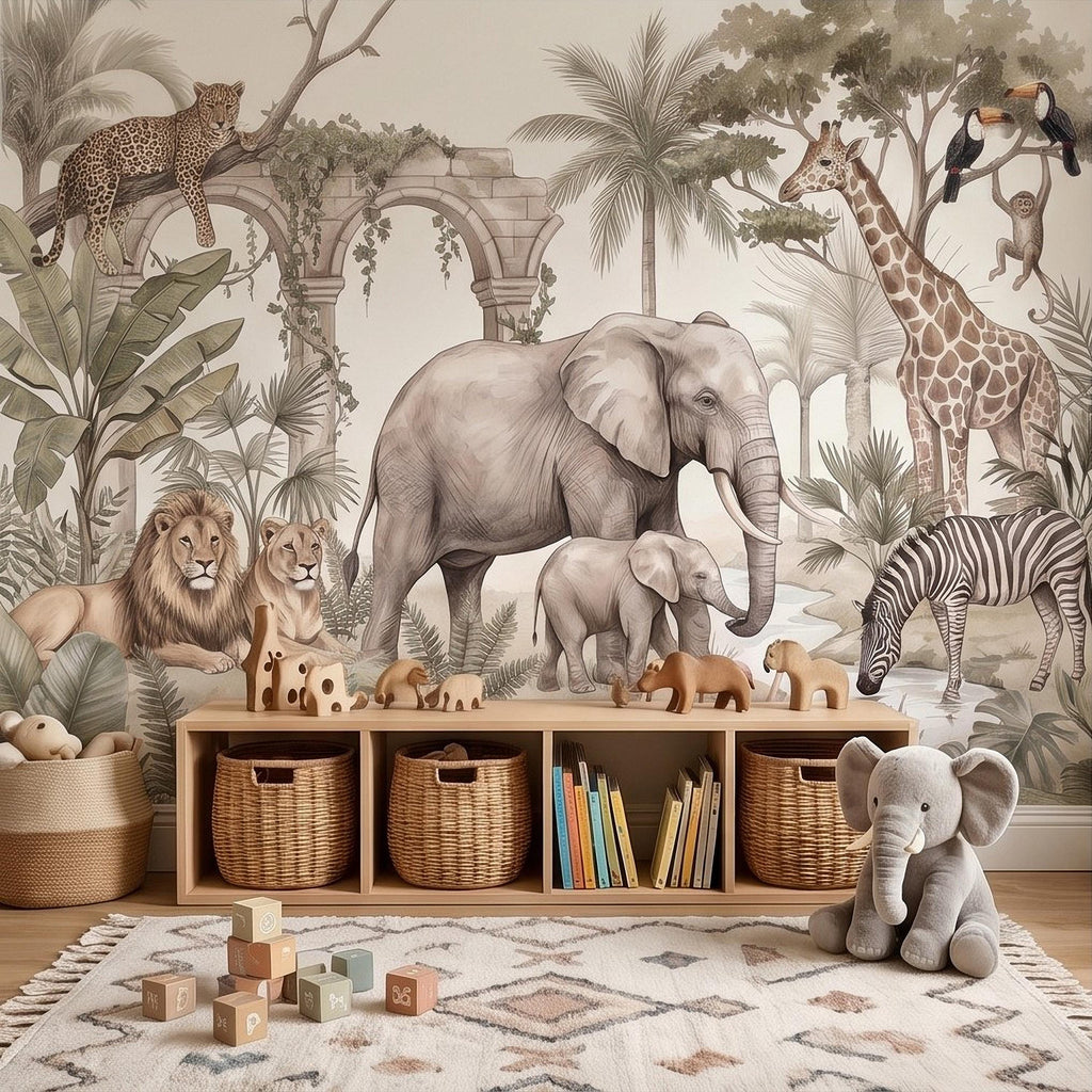 Watercolor Safari Jungle Animals Peel and Stick Wall Mural, Neutral Beige Exotic Nature Scenic Wildlife Wallpaper