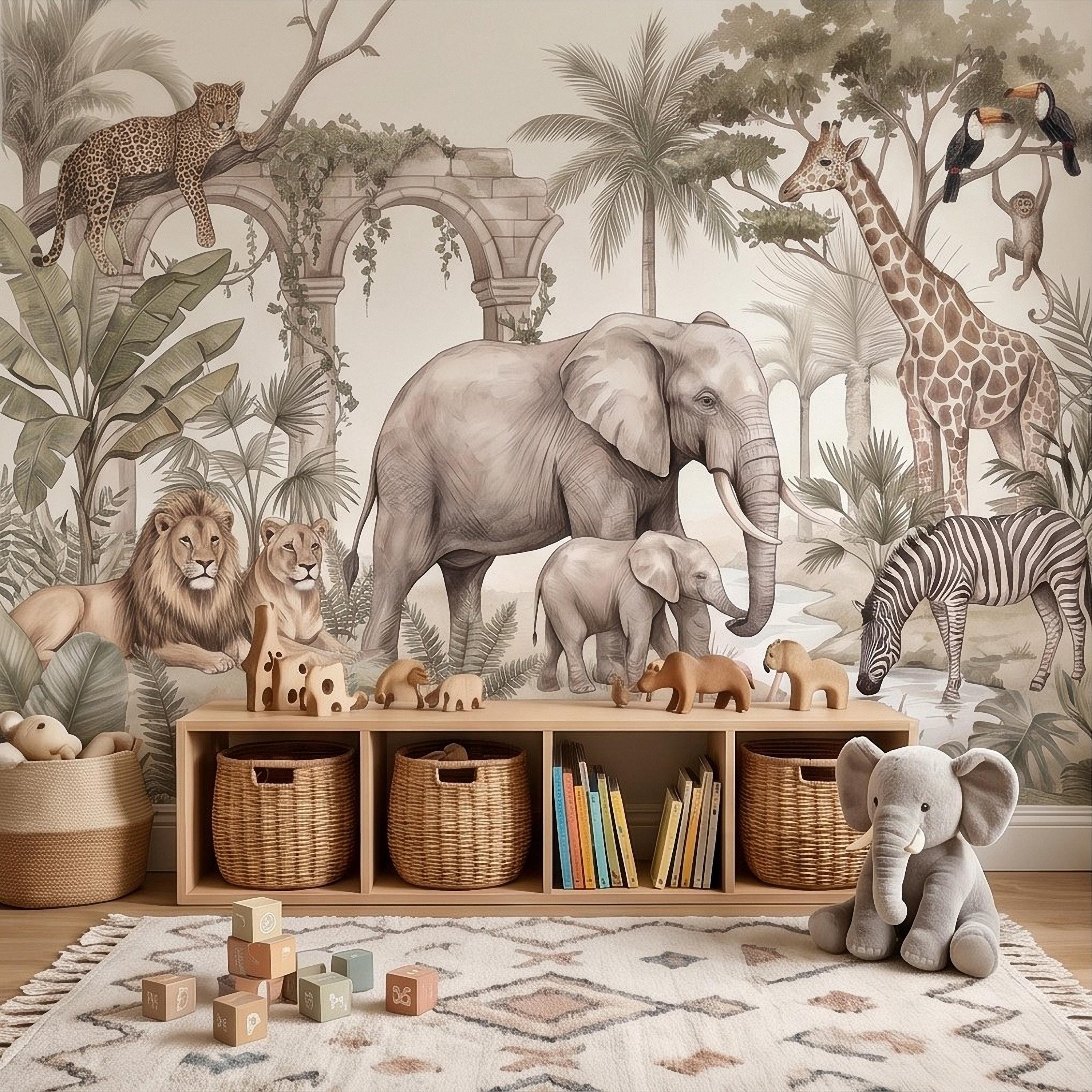 Watercolor Safari Jungle Animals Peel and Stick Wall Mural, Neutral Beige Exotic Nature Scenic Wildlife Wallpaper