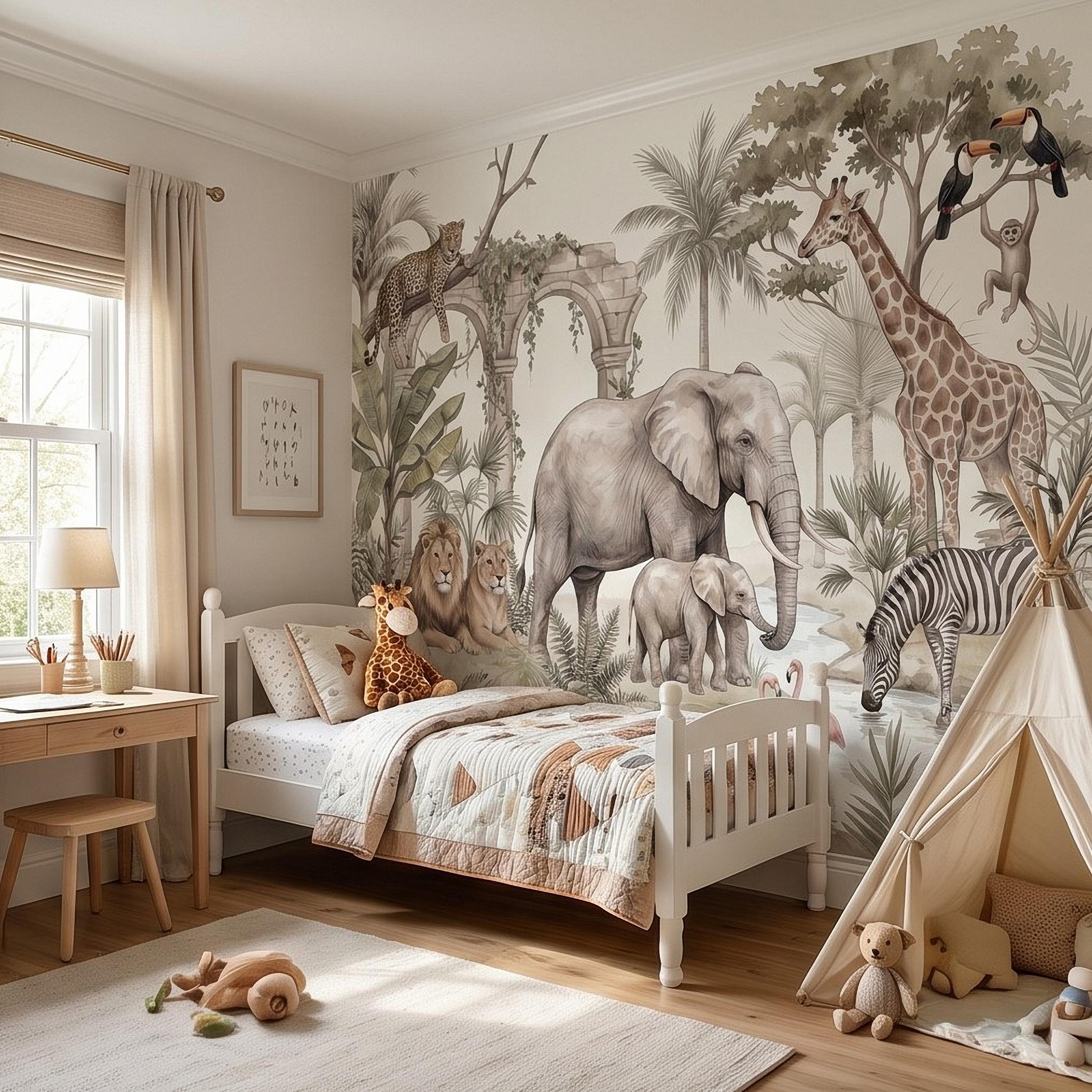Watercolor Safari Jungle Animals Peel and Stick Wall Mural, Neutral Beige Exotic Nature Scenic Wildlife Wallpaper