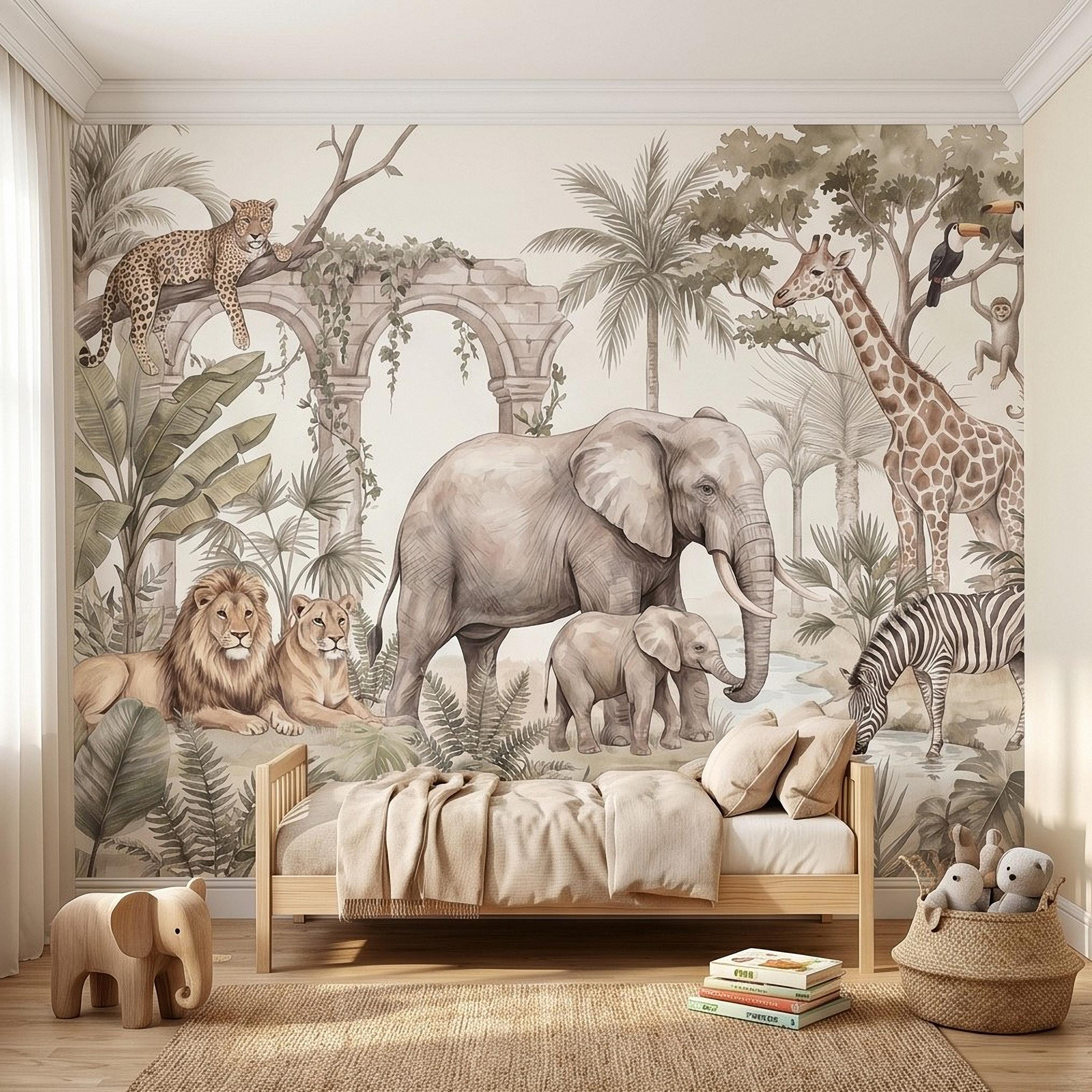 Watercolor Safari Jungle Animals Peel and Stick Wall Mural, Neutral Beige Exotic Nature Scenic Wildlife Wallpaper