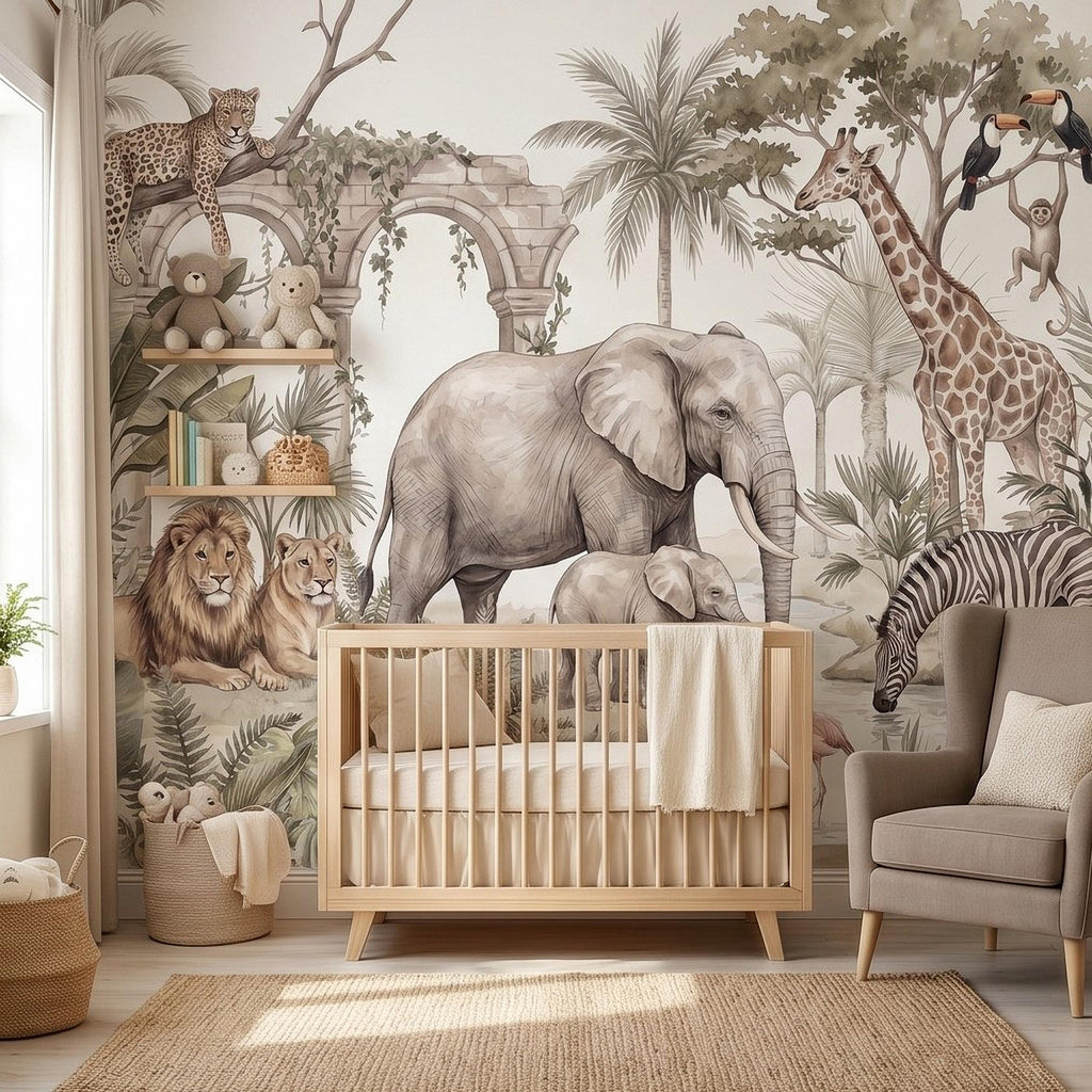 Watercolor Safari Jungle Animals Peel and Stick Wall Mural, Neutral Beige Exotic Nature Scenic Wildlife Wallpaper