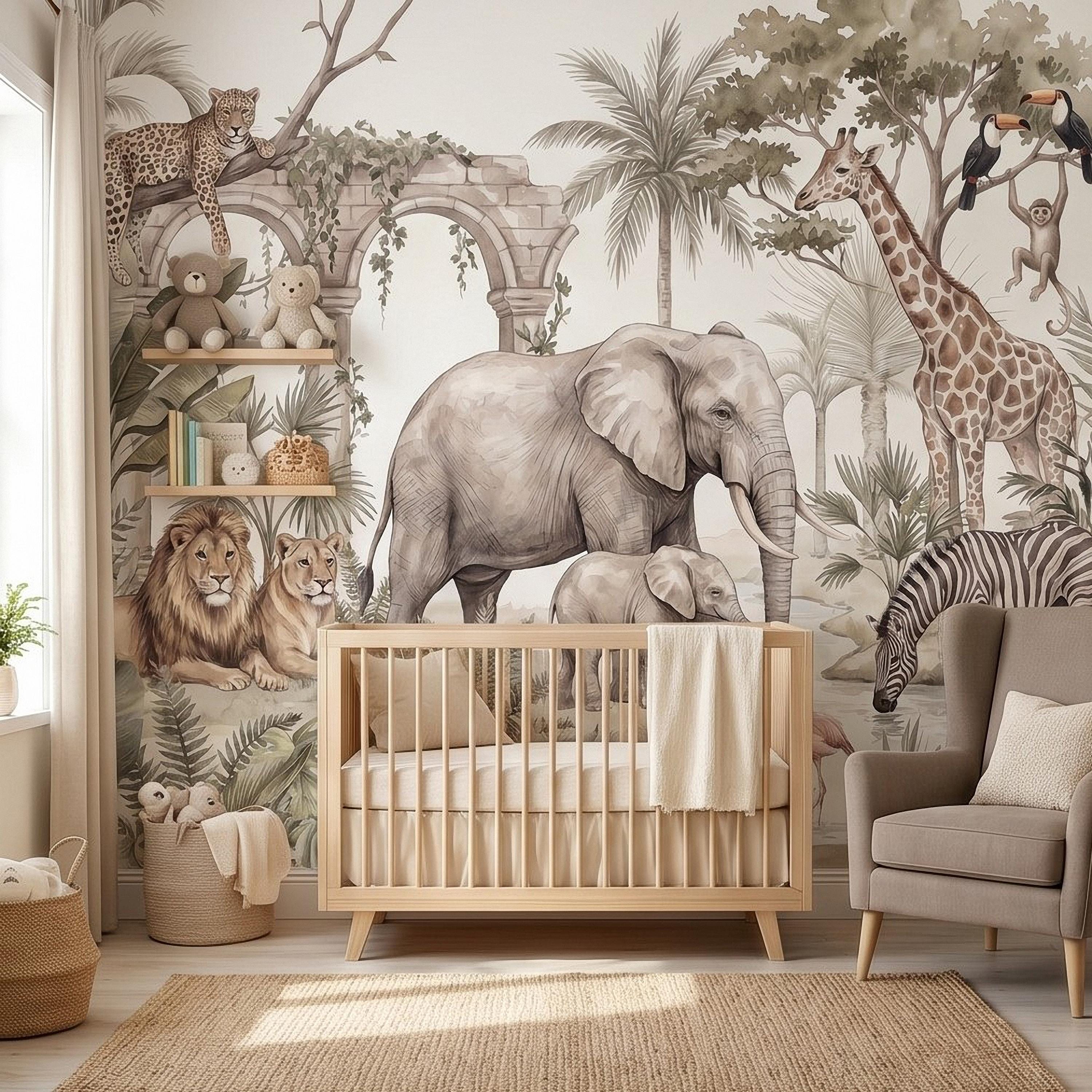 Watercolor Safari Jungle Animals Peel and Stick Wall Mural, Neutral Beige Exotic Nature Scenic Wildlife Wallpaper