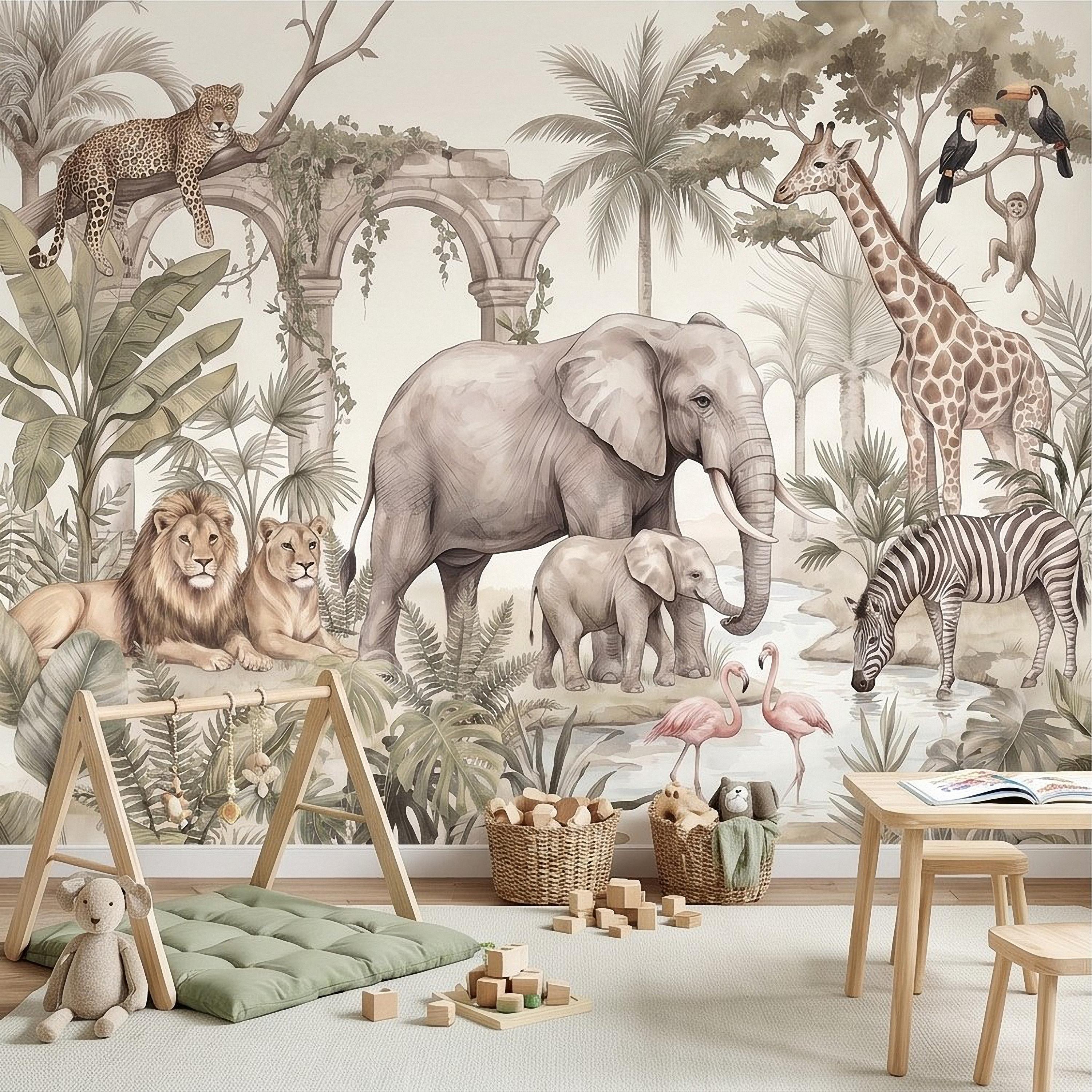 Watercolor Safari Jungle Animals Peel and Stick Wall Mural, Neutral Beige Exotic Nature Scenic Wildlife Wallpaper