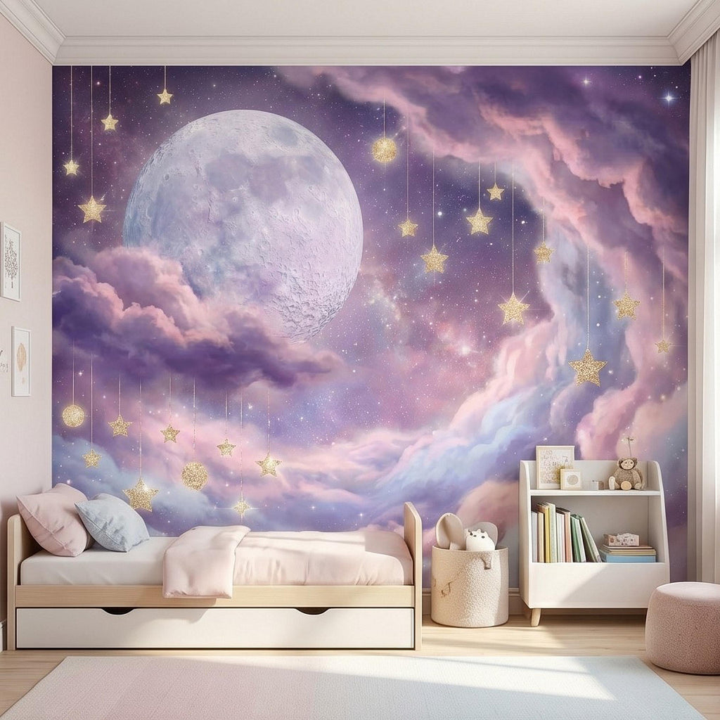 Celestial Moon Peel and Stick Wall Mural, Pink Purple Dreamy Sky with Hanging Stars, Fantasy Nursery Girls Room Wallpaper